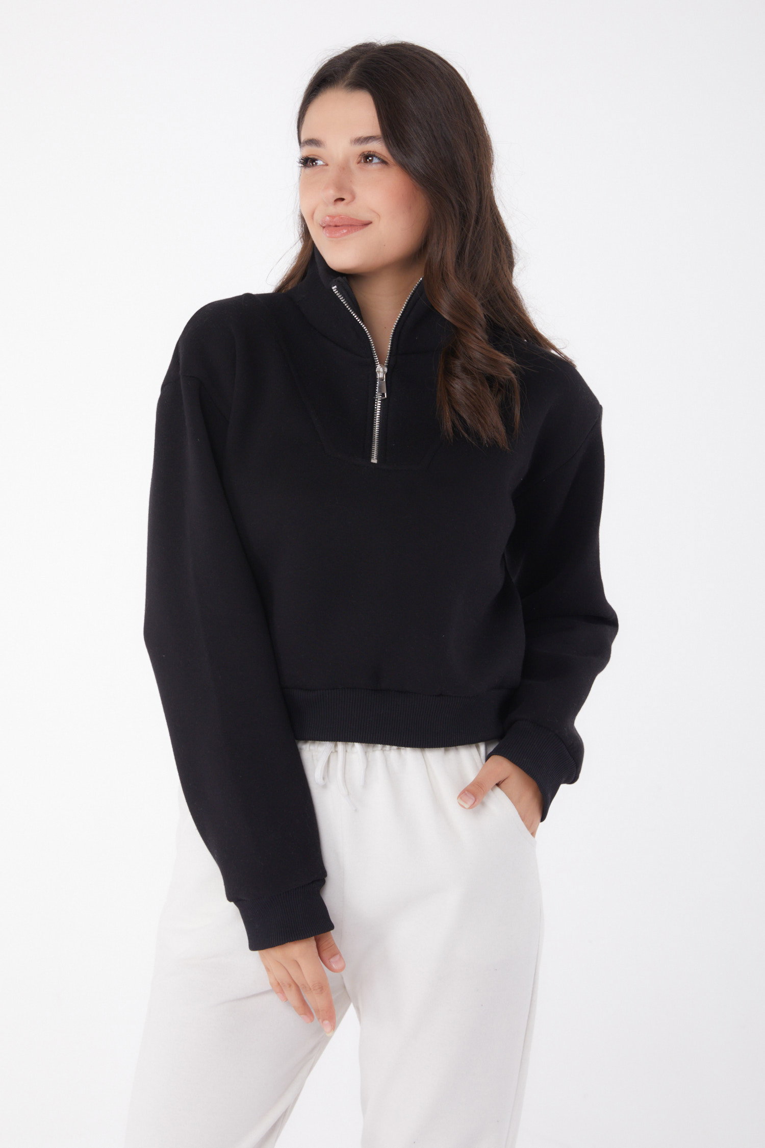Düz Yarım Balıkçı Yaka Kadın Siyah Fermuarlı Mini Sweatshirt - 26051 - 2