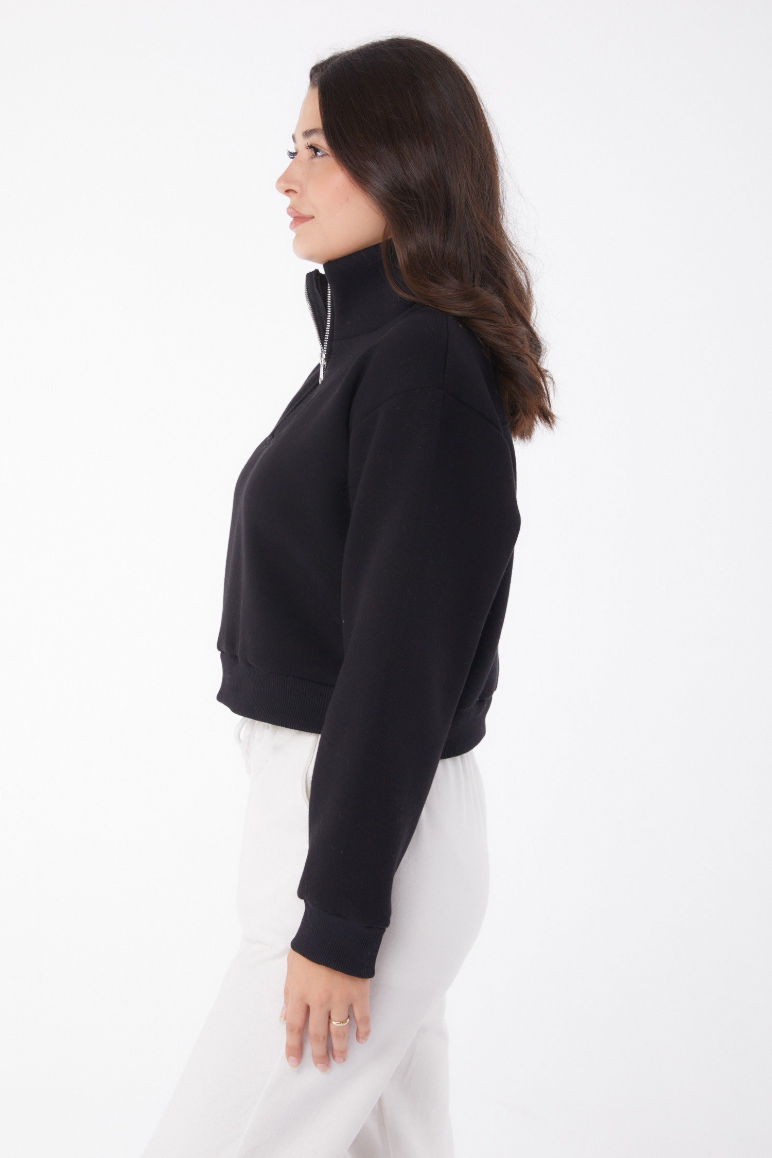 Düz Yarım Balıkçı Yaka Kadın Siyah Fermuarlı Mini Sweatshirt - 26051 - 3