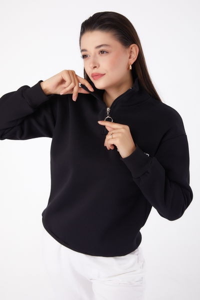 Düz Yarım Balıkçı Yaka Kadın Siyah Fermuarlı Sweatshirt - 26368 