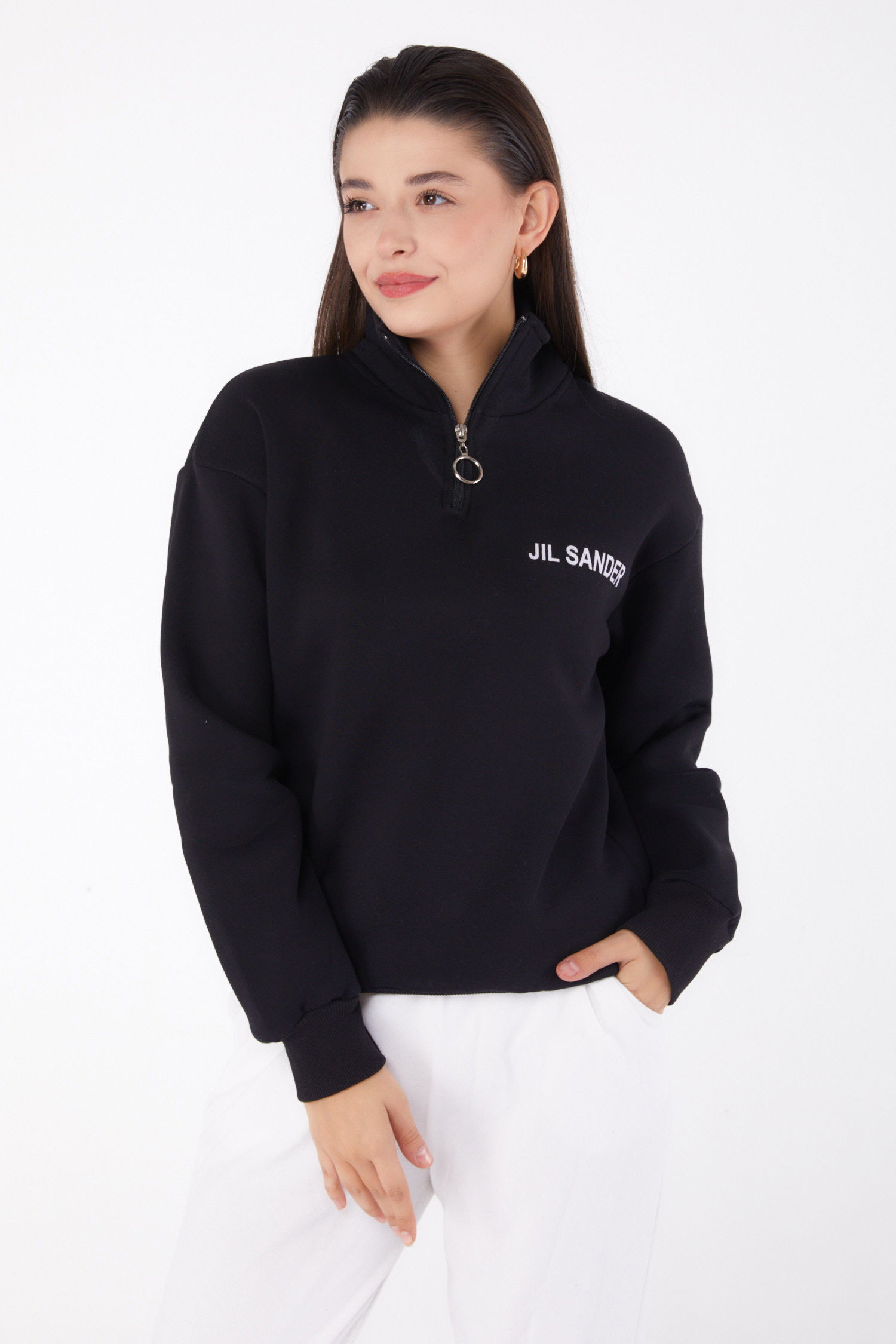Düz Yarım Balıkçı Yaka Kadın Siyah Fermuarlı Sweatshirt - 26368 - 2