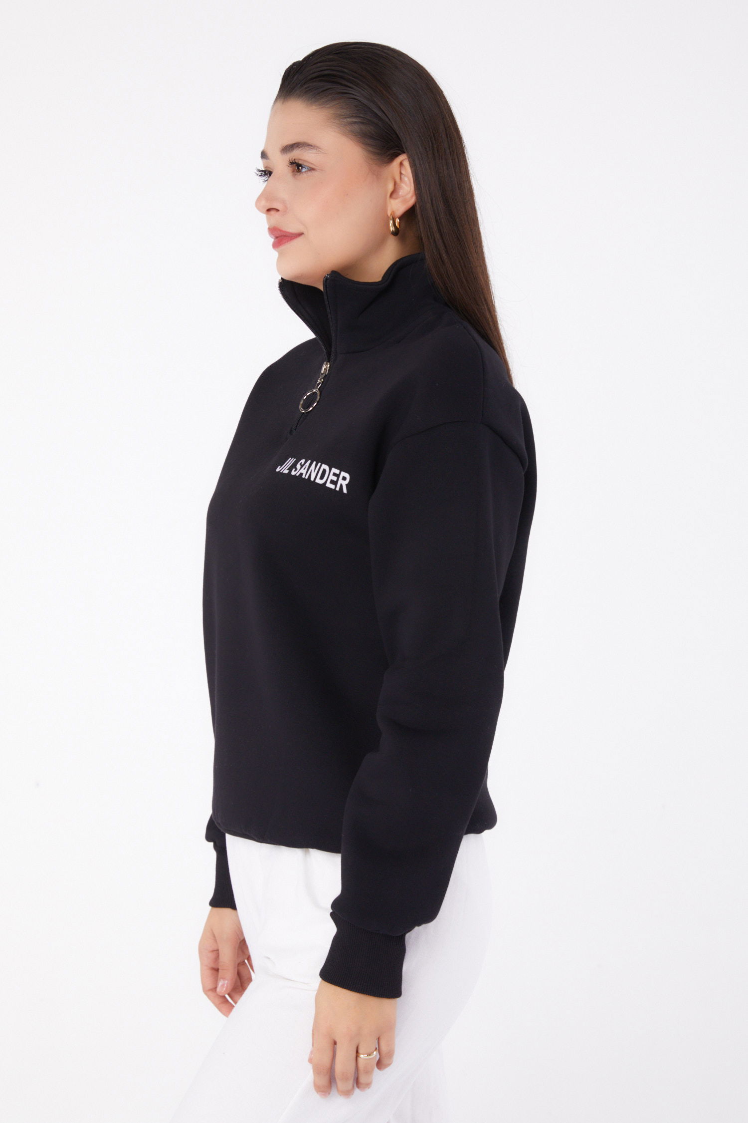 Düz Yarım Balıkçı Yaka Kadın Siyah Fermuarlı Sweatshirt - 26368 - 3