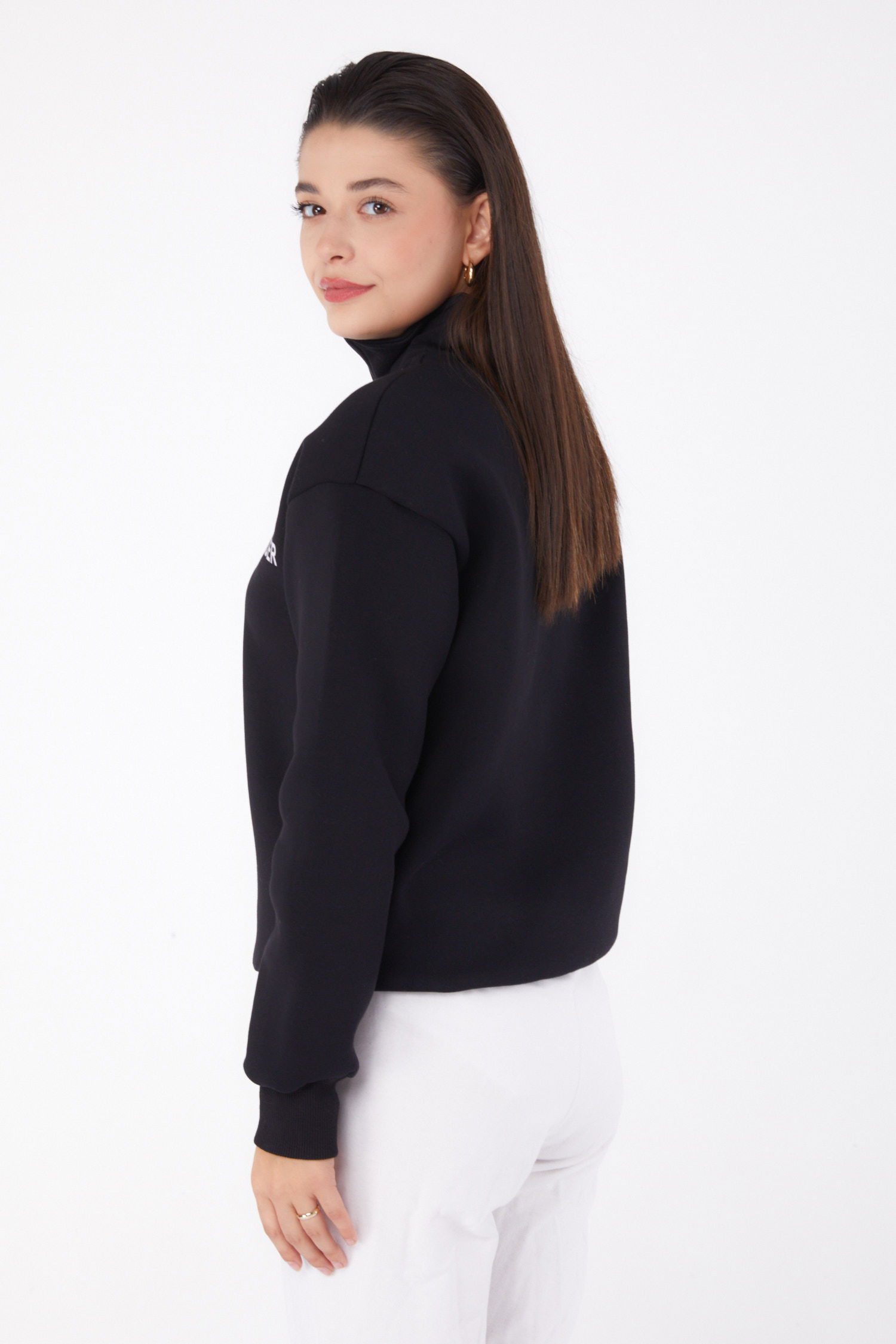 Düz Yarım Balıkçı Yaka Kadın Siyah Fermuarlı Sweatshirt - 26368 - 4