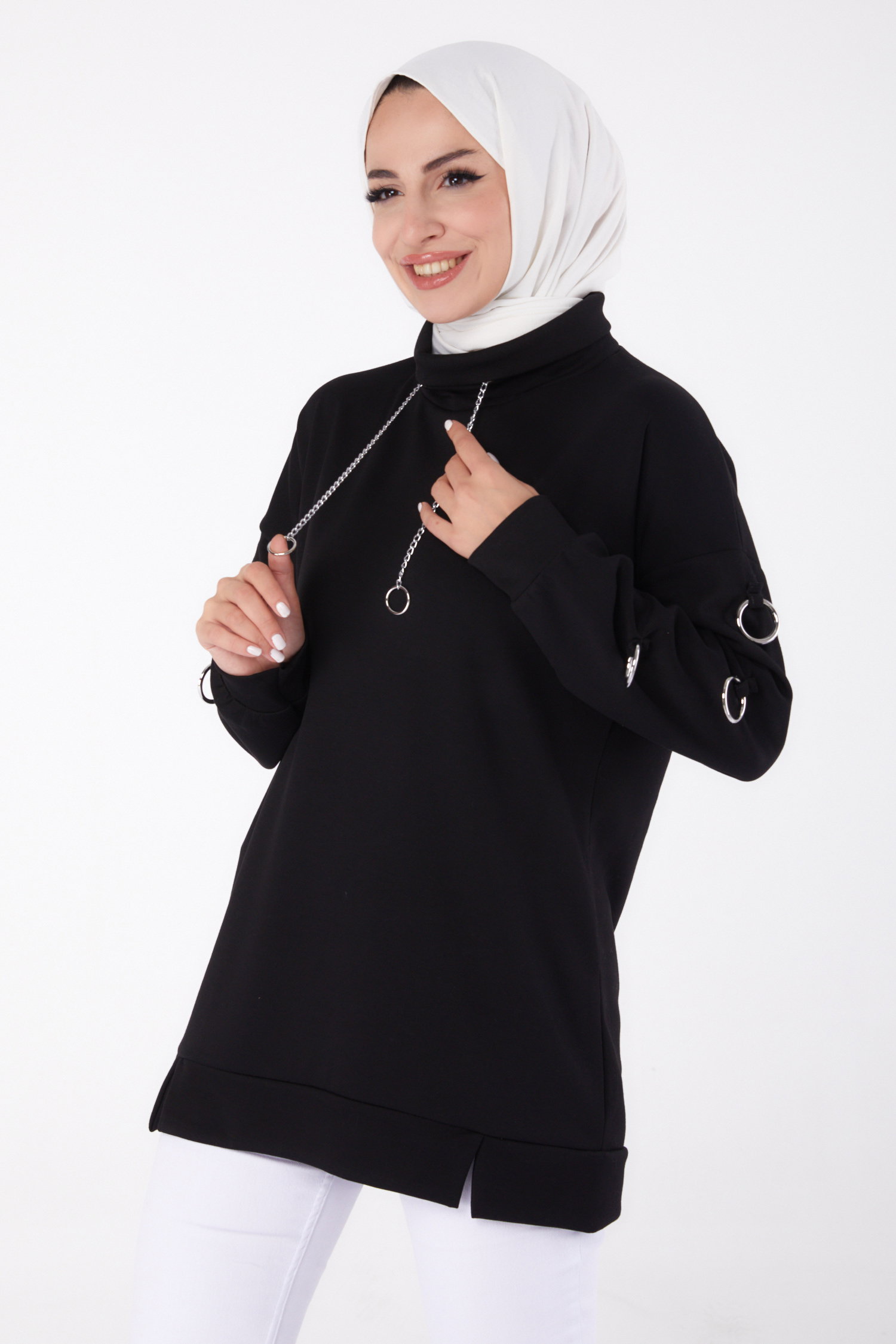 Düz Yarım Balıkçı Yaka Kadın Siyah Halka Detaylı Tunik - 26477 - 1