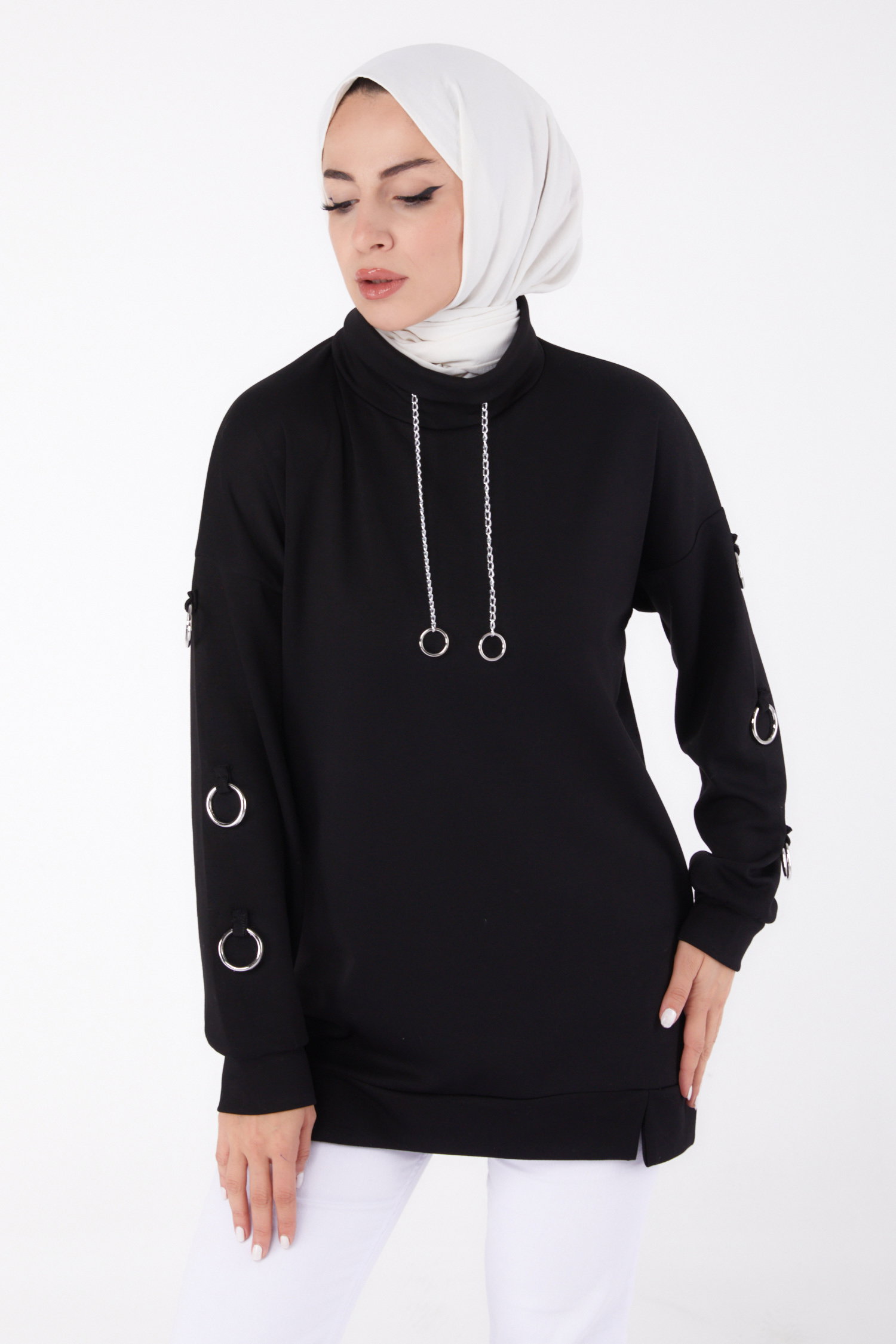 Düz Yarım Balıkçı Yaka Kadın Siyah Halka Detaylı Tunik - 26477 - 3