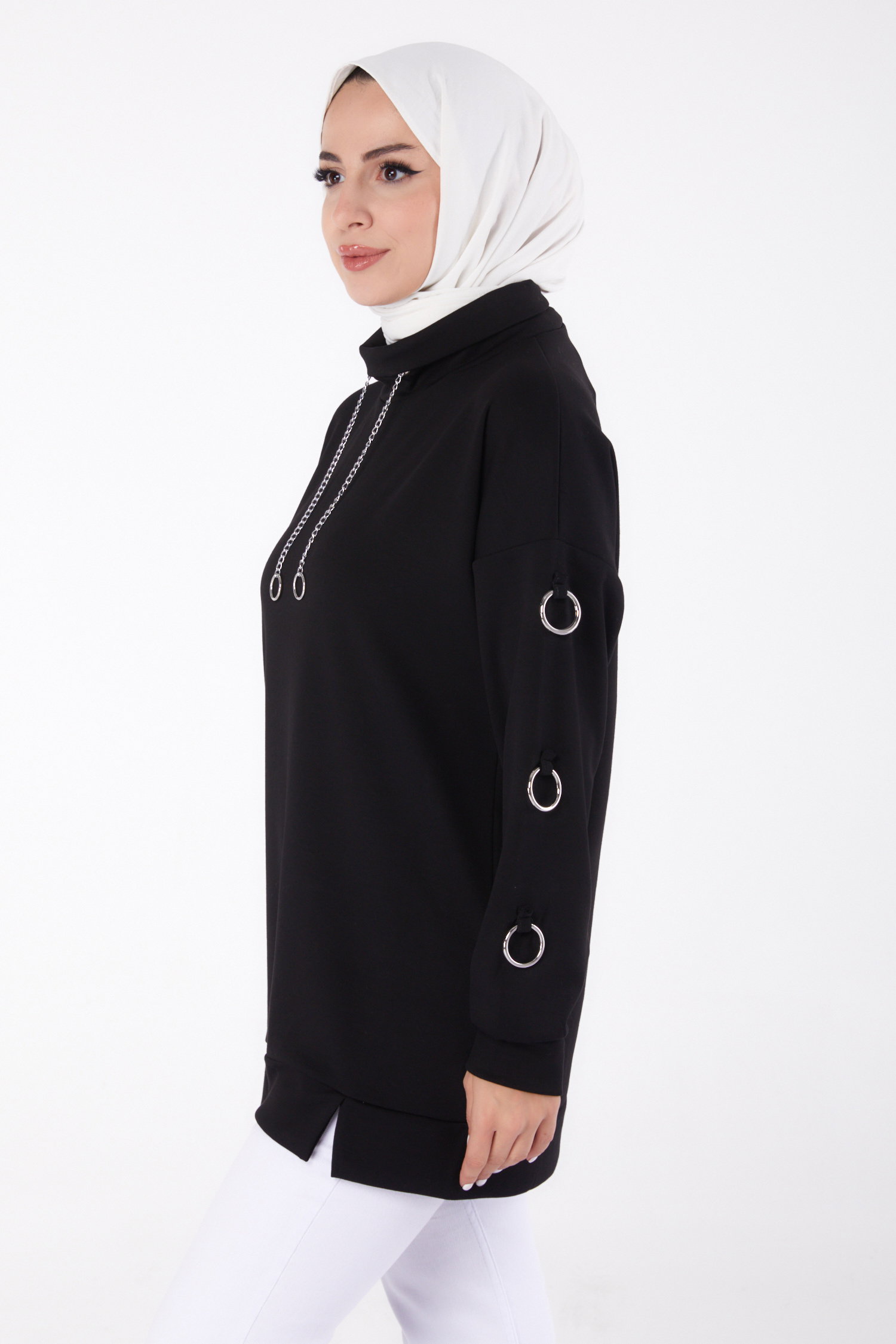 Düz Yarım Balıkçı Yaka Kadın Siyah Halka Detaylı Tunik - 26477 - 4