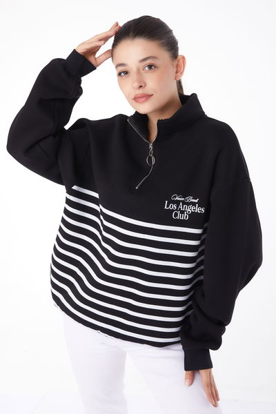 Düz Yarım Balıkçı Yaka Kadın Siyah Şeritli Sweatshirt - 26185 