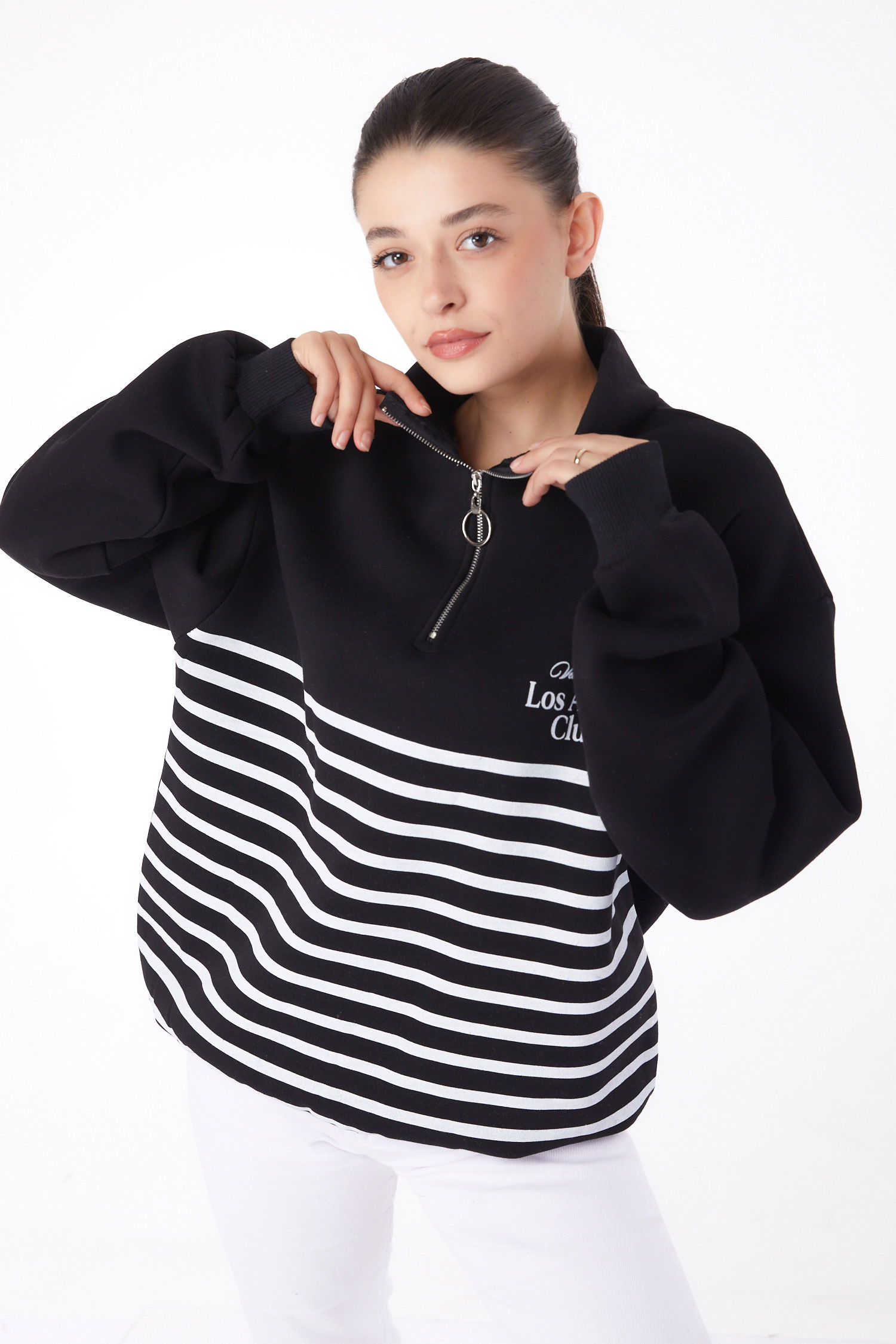 Düz Yarım Balıkçı Yaka Kadın Siyah Şeritli Sweatshirt - 26185 - 2