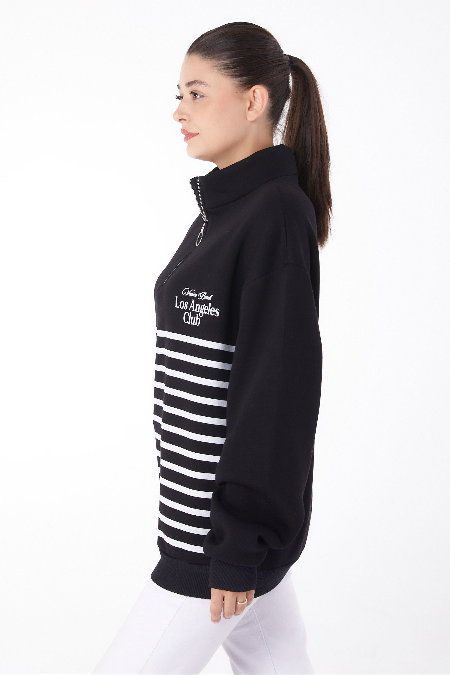 Düz Yarım Balıkçı Yaka Kadın Siyah Şeritli Sweatshirt - 26185 - 3