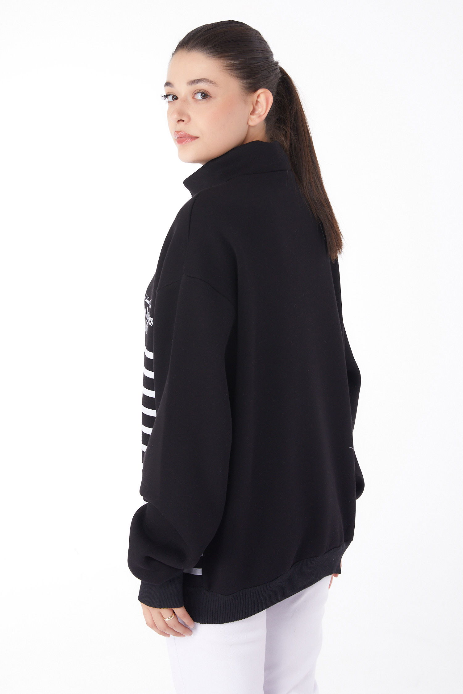 Düz Yarım Balıkçı Yaka Kadın Siyah Şeritli Sweatshirt - 26185 - 4