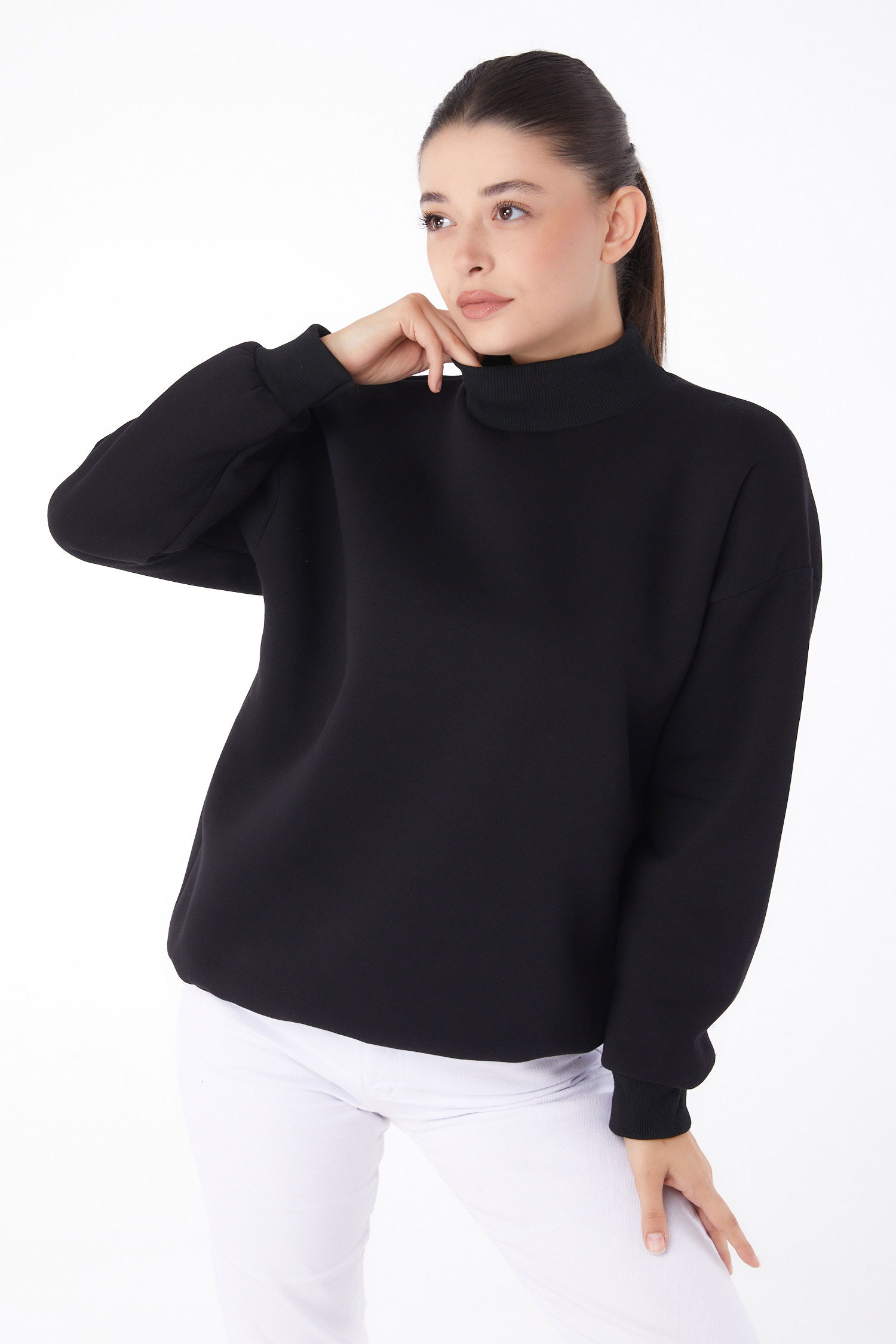 Düz Yarım Balıkçı Yaka Kadın Siyah Sweatshirt - 26047 - 1