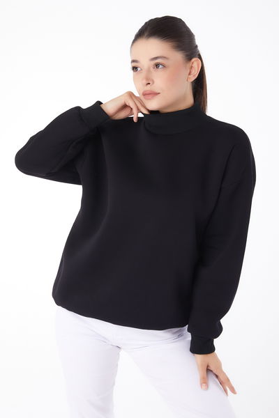 Düz Yarım Balıkçı Yaka Kadın Siyah Sweatshirt - 26047 