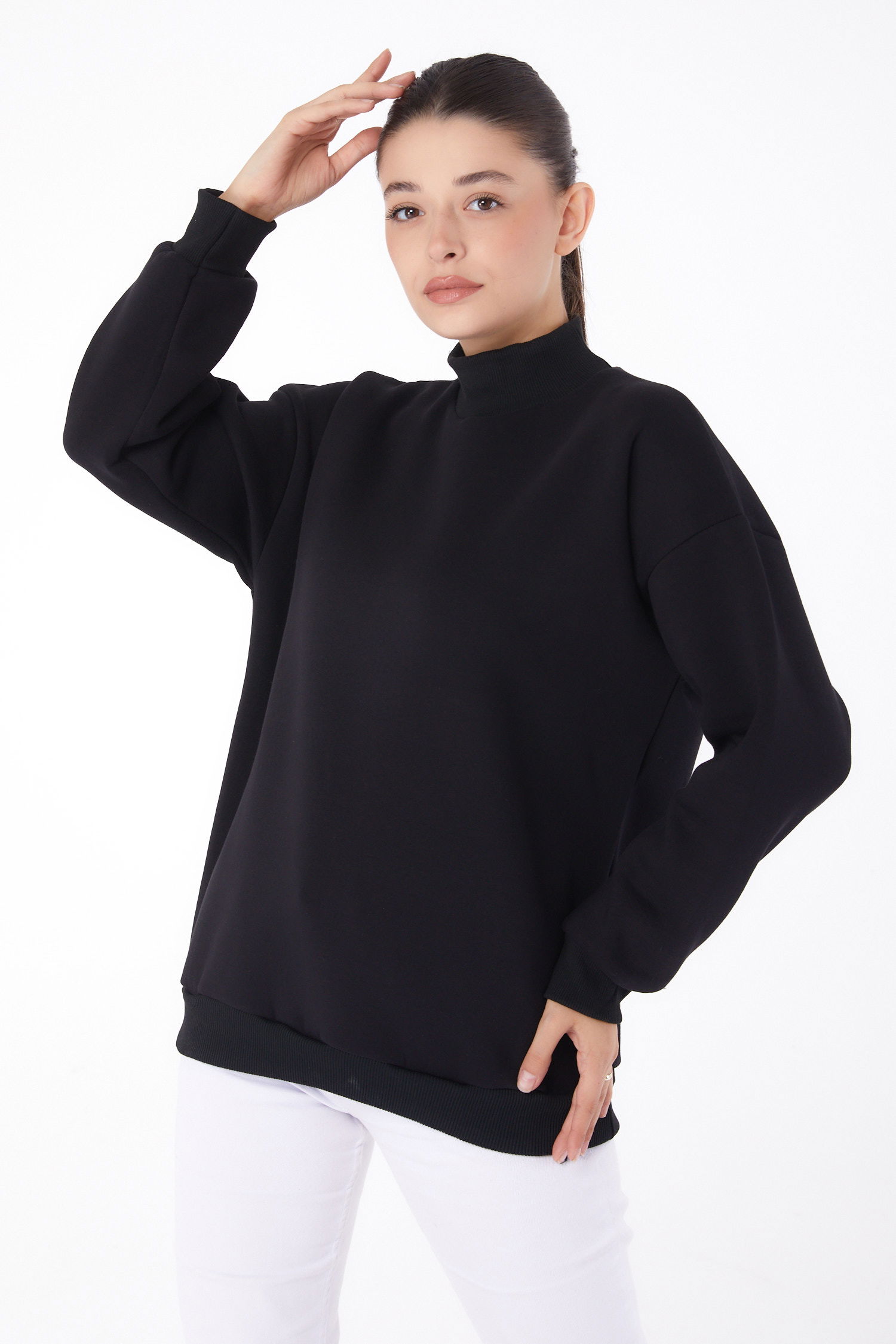 Düz Yarım Balıkçı Yaka Kadın Siyah Sweatshirt - 26047 - 3