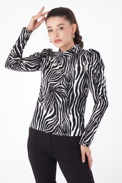 Düz Yarım Balıkçı Yaka Kadın Siyah Zebra Desenli Bluz - 26218 