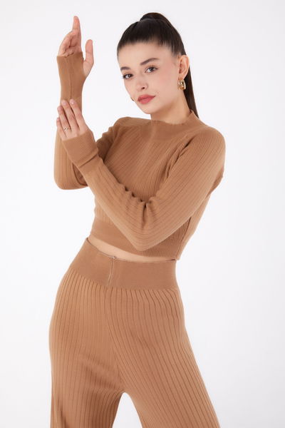 Düz Yarım Balıkçı Yaka Kadın Taba Triko İkili Takıım - 26284 
