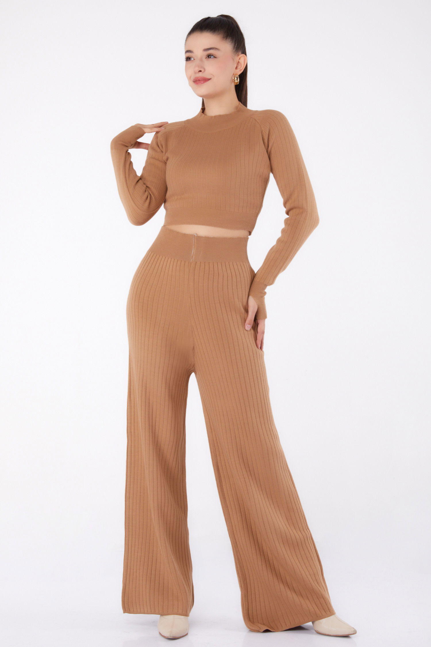 Düz Yarım Balıkçı Yaka Kadın Taba Triko İkili Takıım - 26284 - 2