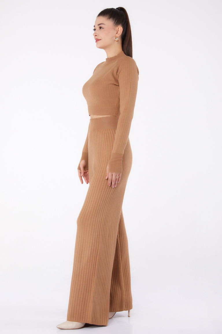 Düz Yarım Balıkçı Yaka Kadın Taba Triko İkili Takıım - 26284 - TOFİSA