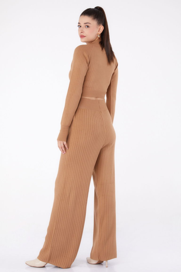 Düz Yarım Balıkçı Yaka Kadın Taba Triko İkili Takıım - 26284 - TOFİSA