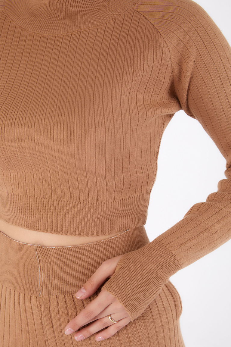 Düz Yarım Balıkçı Yaka Kadın Taba Triko İkili Takıım - 26284 - TOFİSA