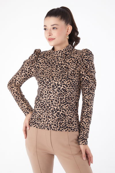 Düz Yarım Balıkçı Yaka Kadın Vizon Leopar Desenli Bluz - 26217 
