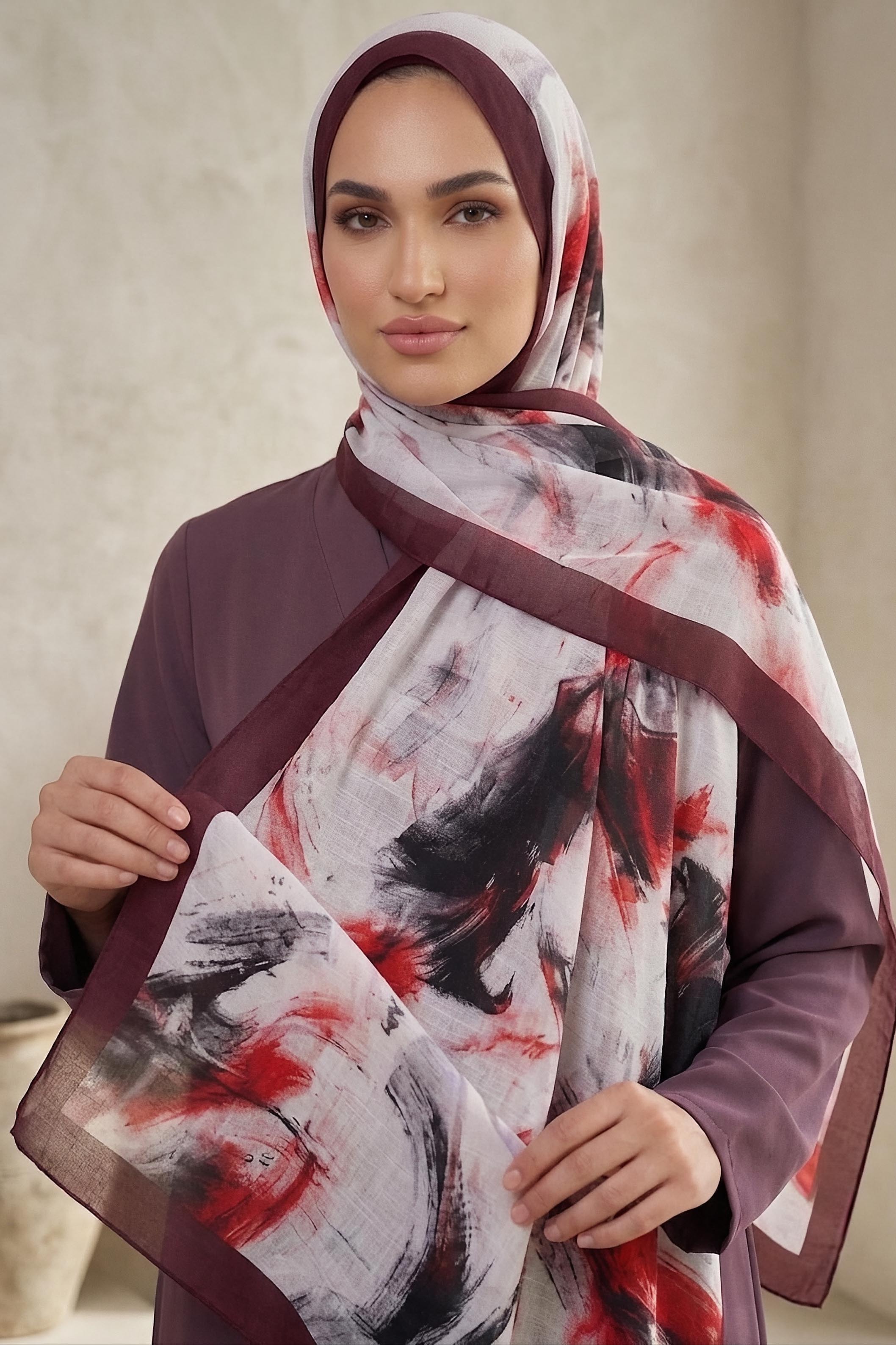 Ebruli Desen Pamuk Şal Bordo - 28759-BORDO - 1
