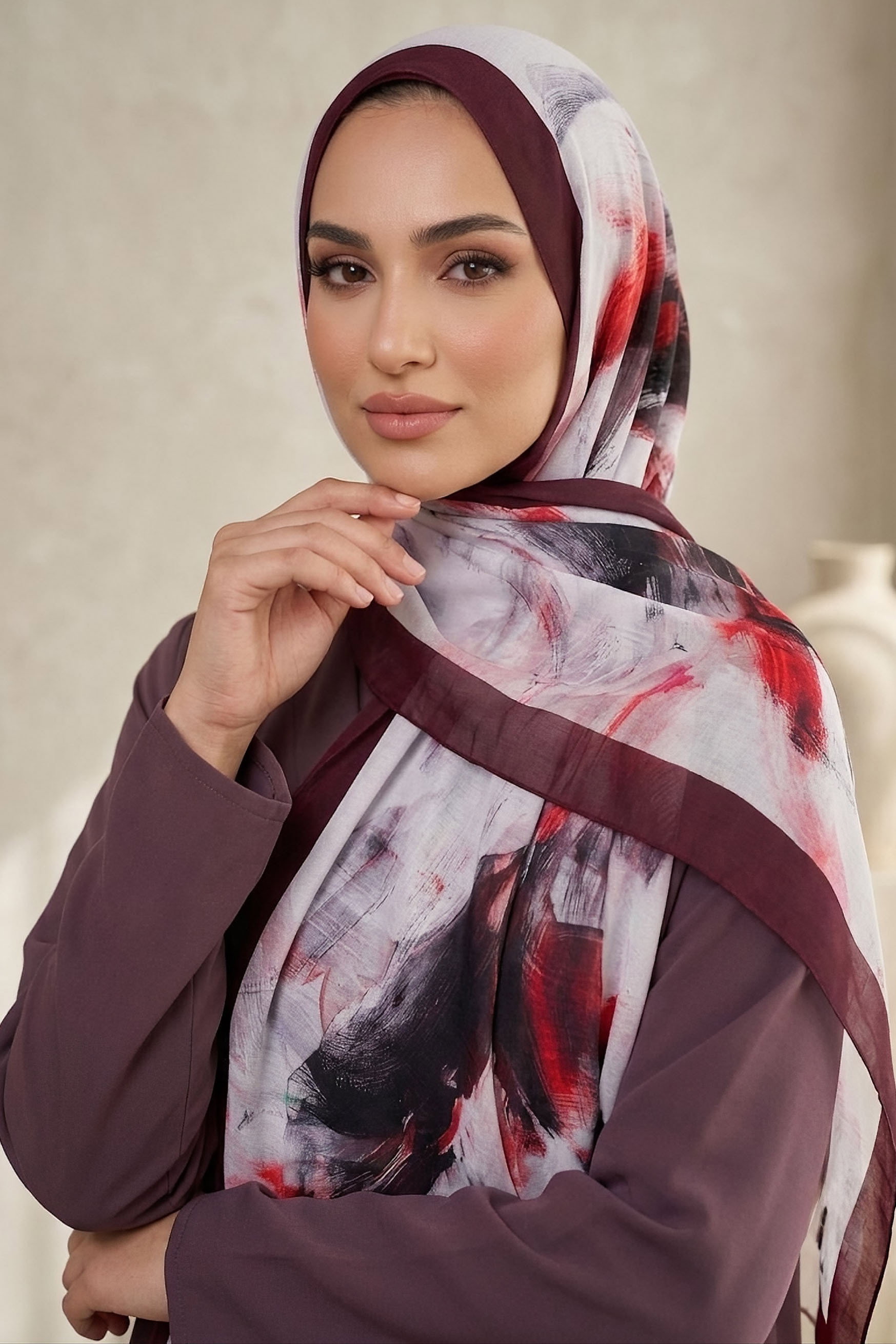 Ebruli Desen Pamuk Şal Bordo - 28759-BORDO - 2