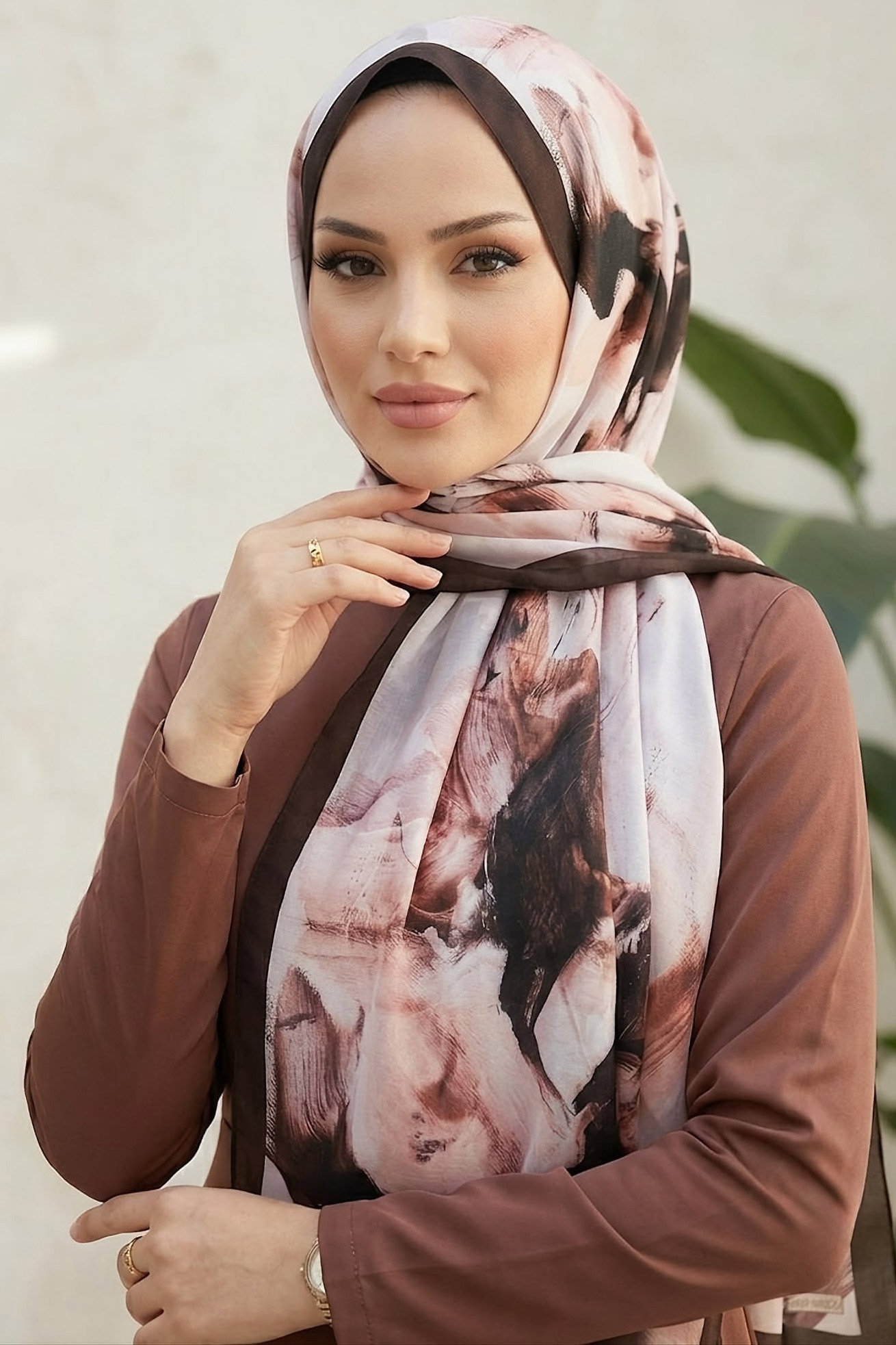 Ebruli Desen Pamuk Şal Kahve - 28759-KAHVE - 2