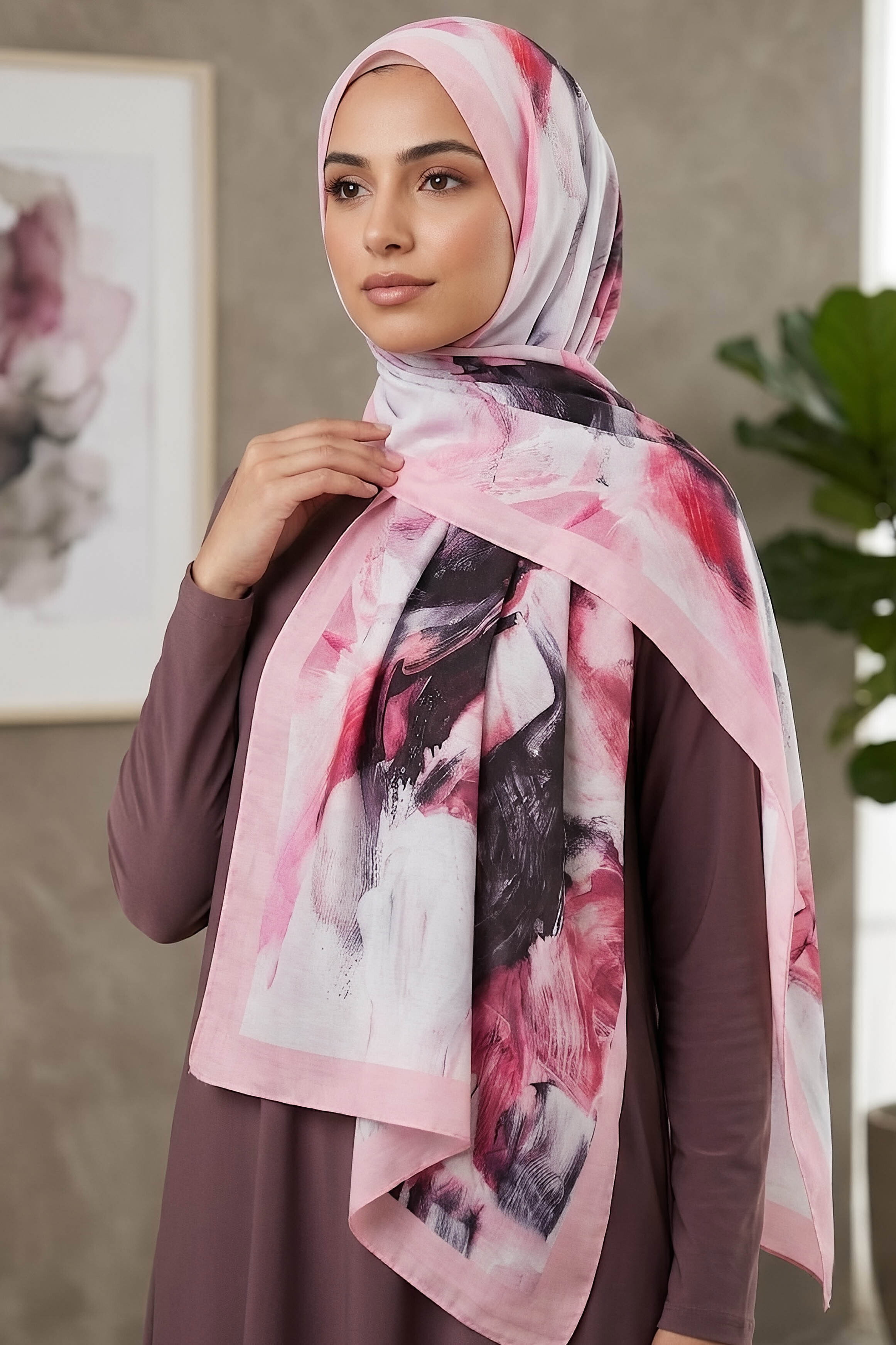 Ebruli Desen Pamuk Şal Pembe - 28759-PEMBE - 1