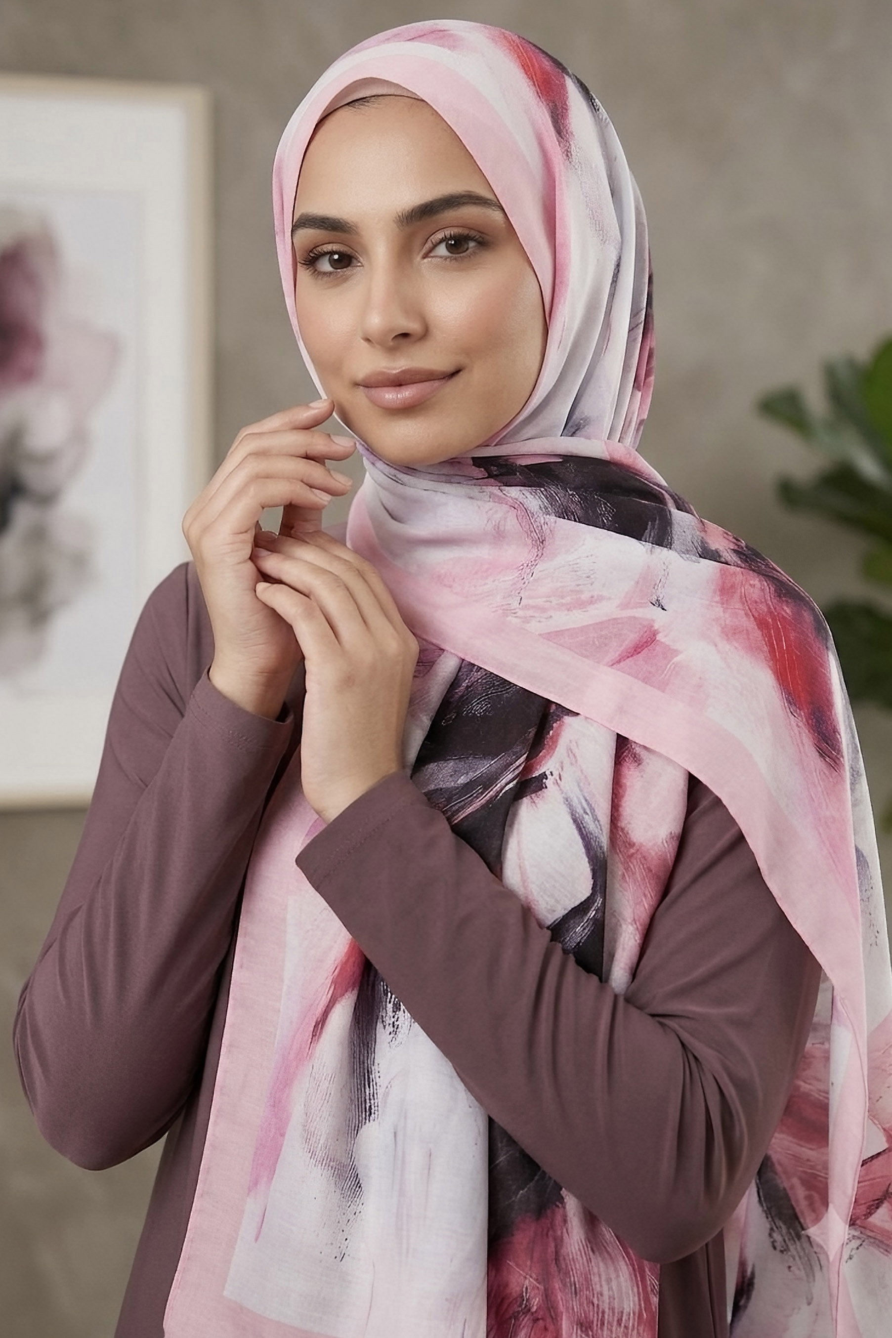 Ebruli Desen Pamuk Şal Pembe - 28759-PEMBE - 2