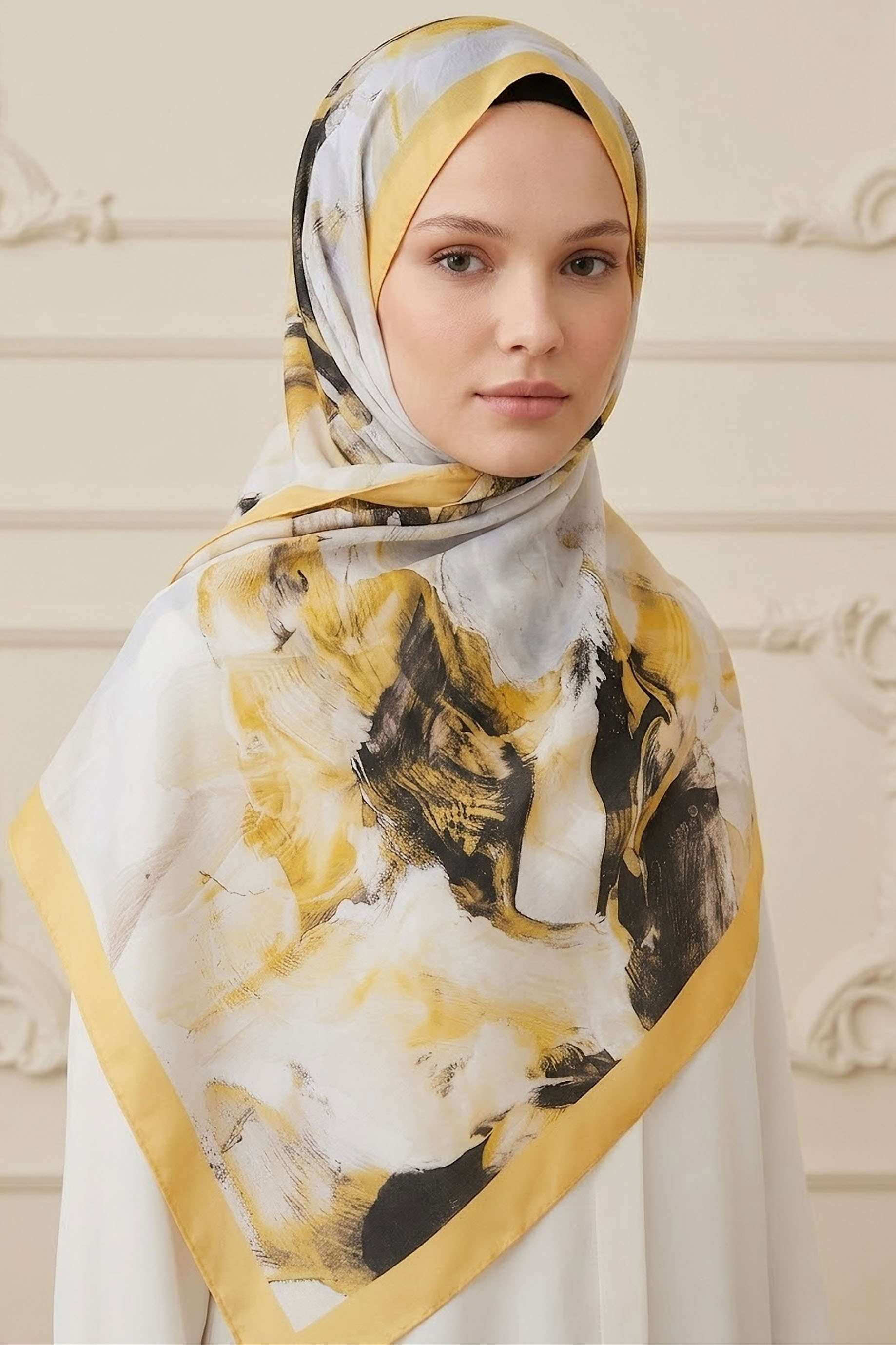 Ebruli Desen Pamuk Şal Sari - 28759-SARI - 1
