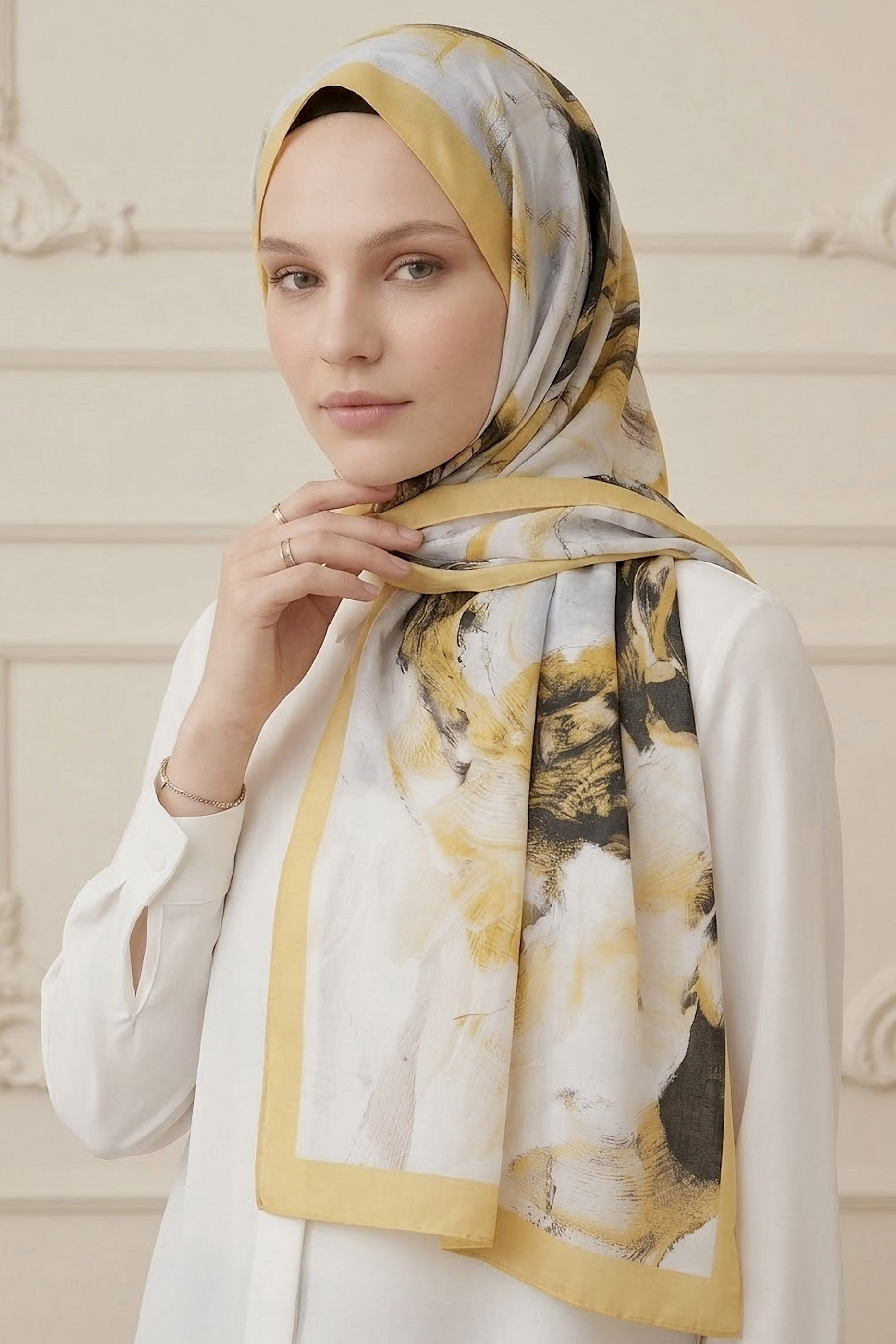 Ebruli Desen Pamuk Şal Sari - 28759-SARI - 2