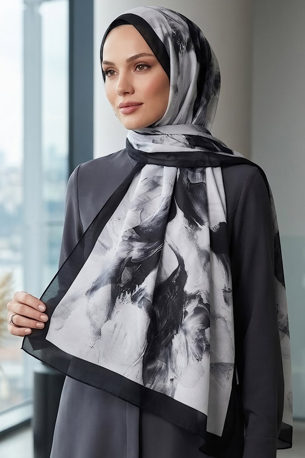 Ebruli Desen Pamuk Şal Siyah - 28759-SIYAH - 1
