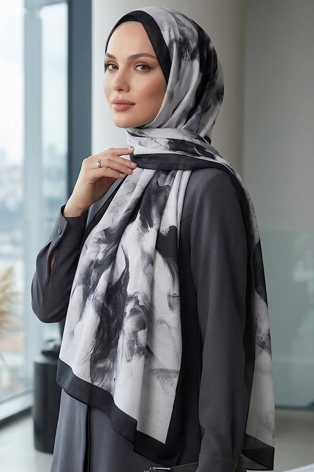 Ebruli Desen Pamuk Şal Siyah - 28759-SIYAH - 2