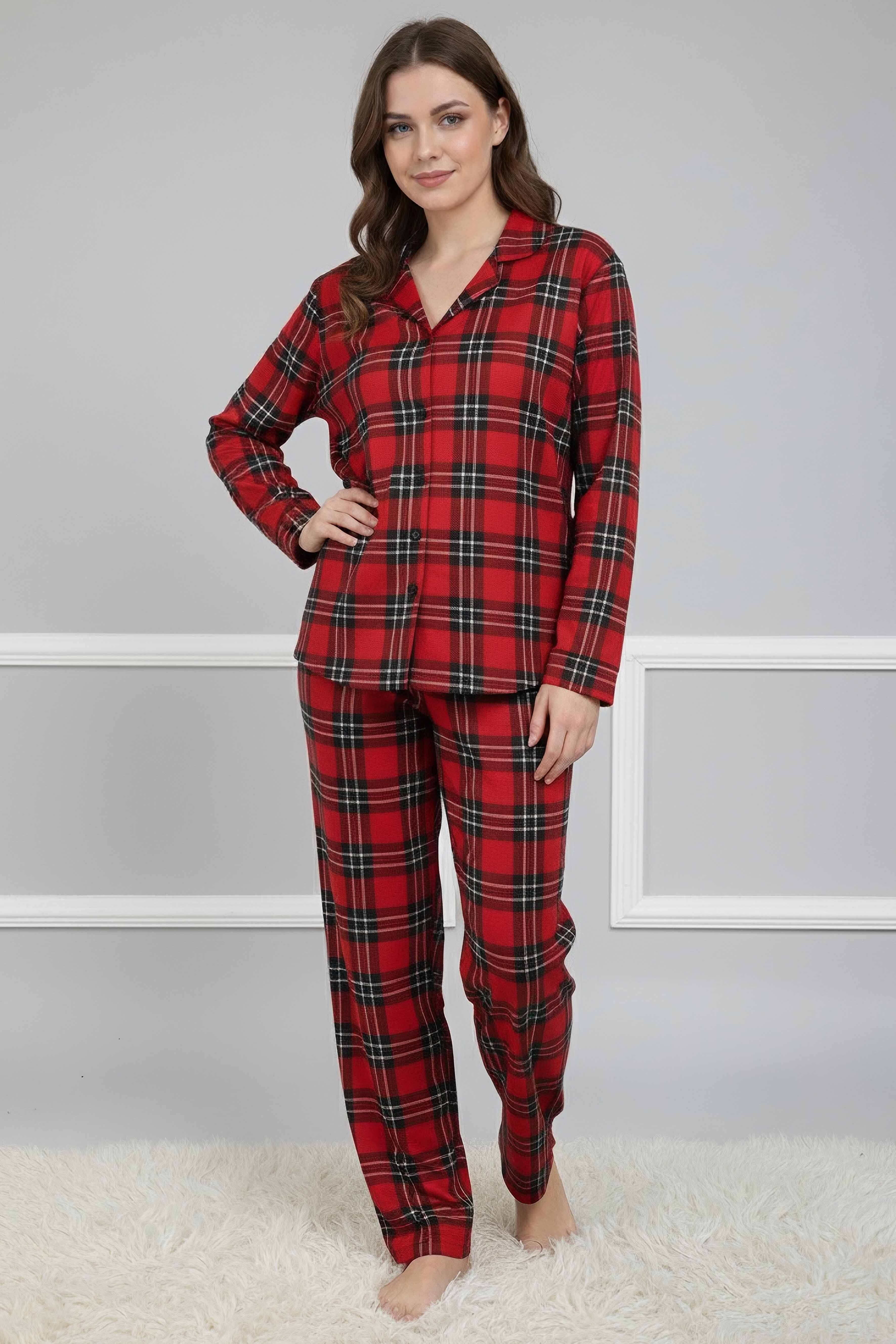 Ekose Baskılı Pijama Takımı - 28023-KIRMIZI - 1