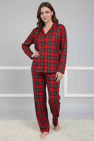 Ekose Baskılı Pijama Takımı - 28023-KIRMIZI 