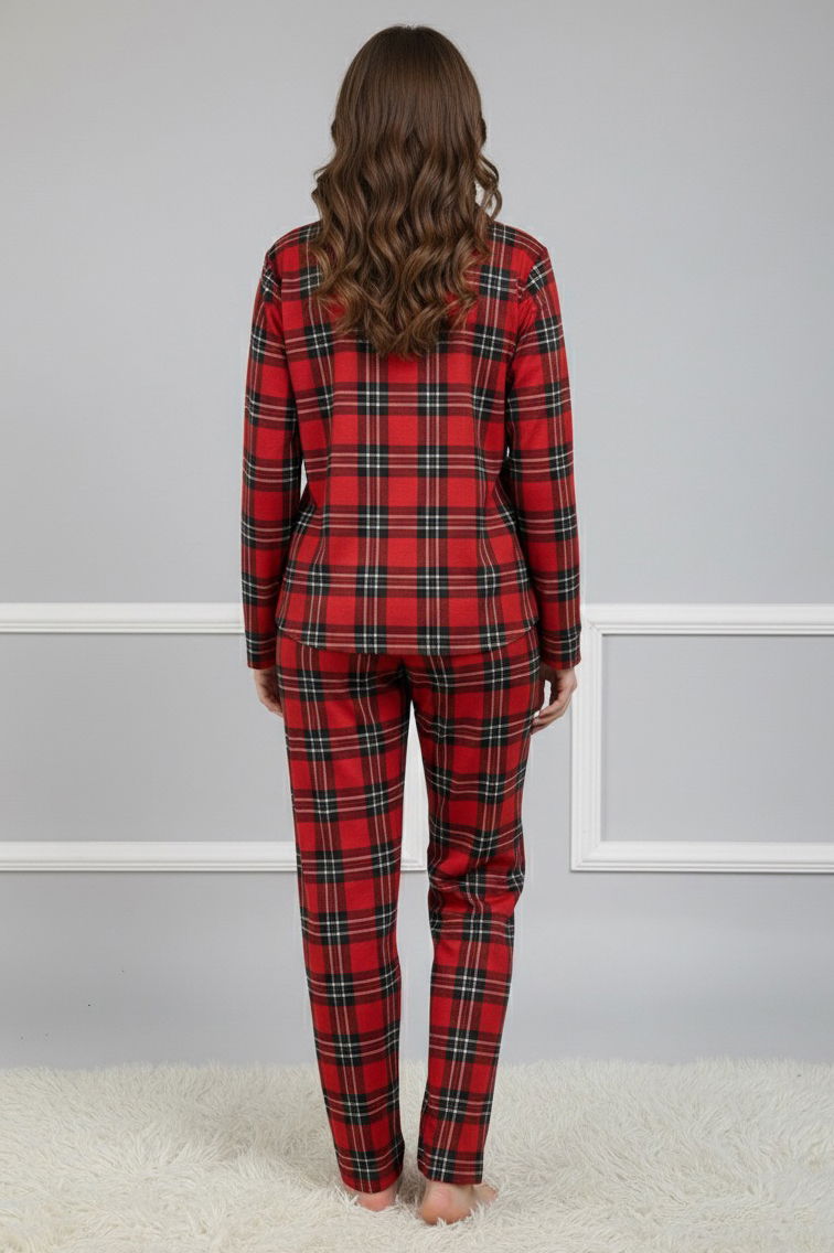 Ekose Baskılı Pijama Takımı - 28023-KIRMIZI - TOFİSA