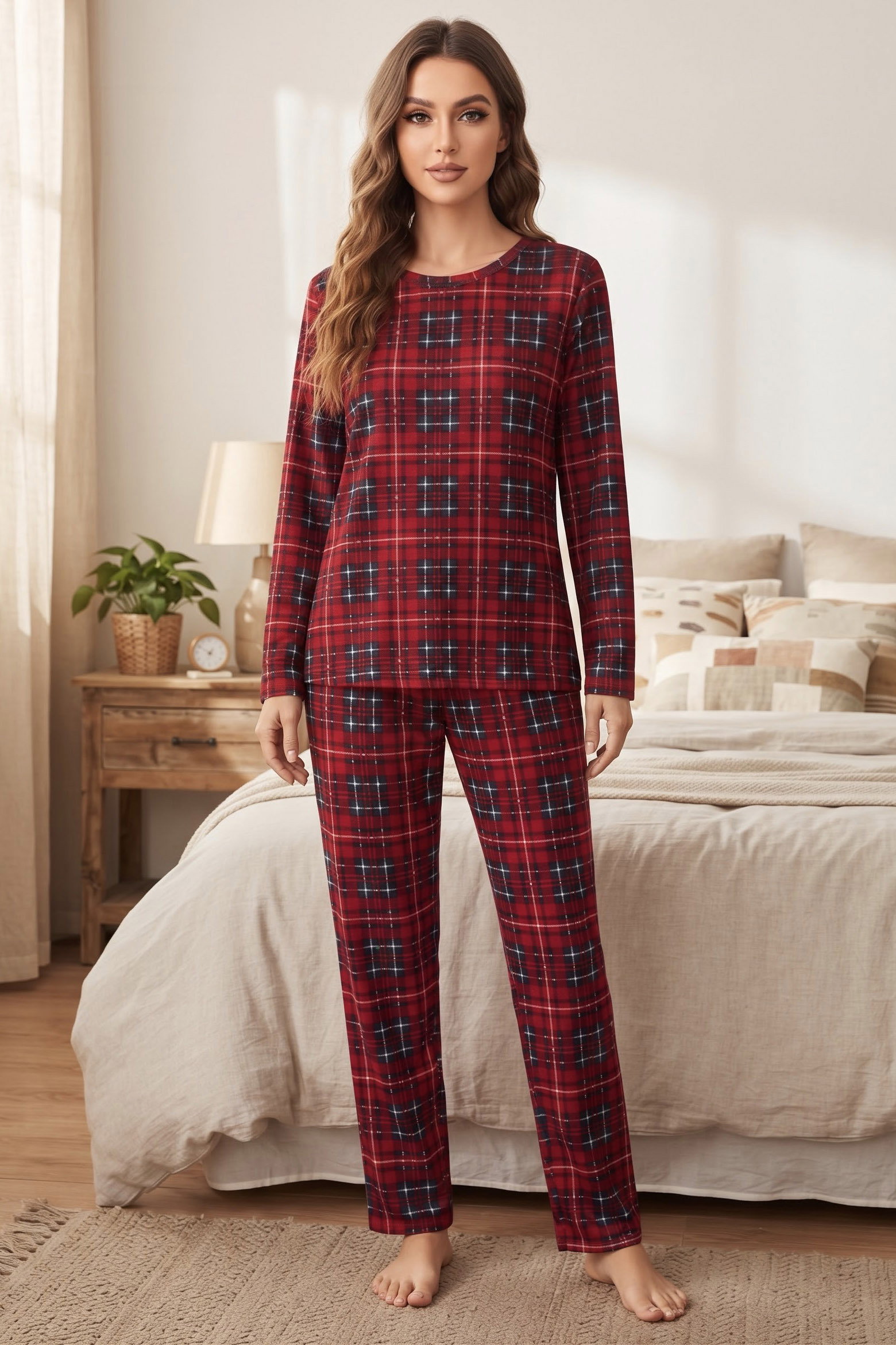 Ekose Baskılı Süet Pijama Takımı Kirmizi - 40501-KIRMIZI - 1