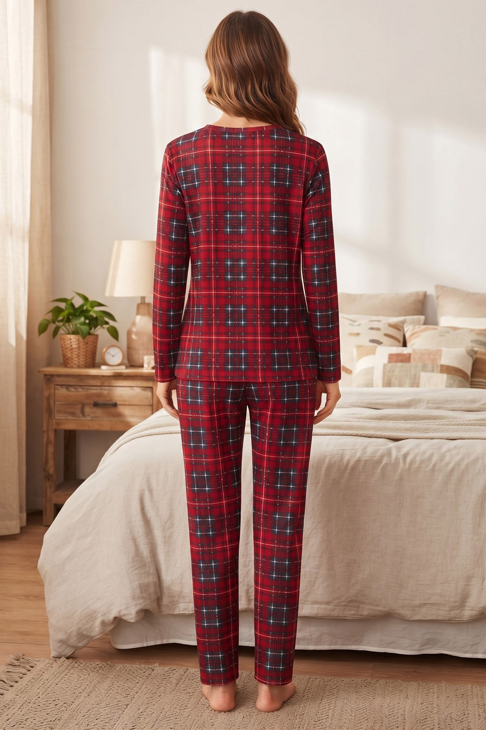 Ekose Baskılı Süet Pijama Takımı Kirmizi - 40501-KIRMIZI - 2