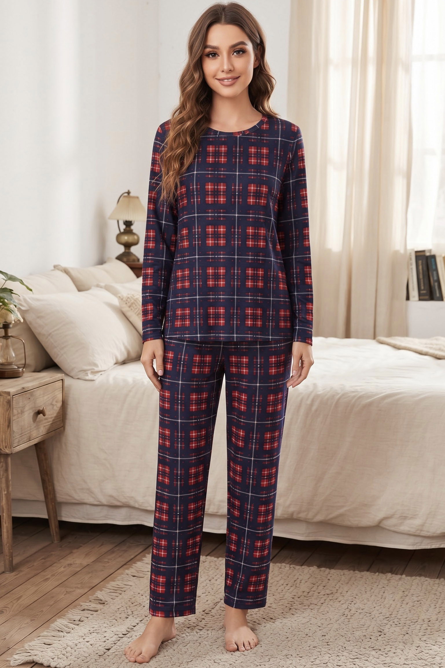 Ekose Baskılı Süet Pijama Takımı Lacivert - 40501-LACIVERT - 1
