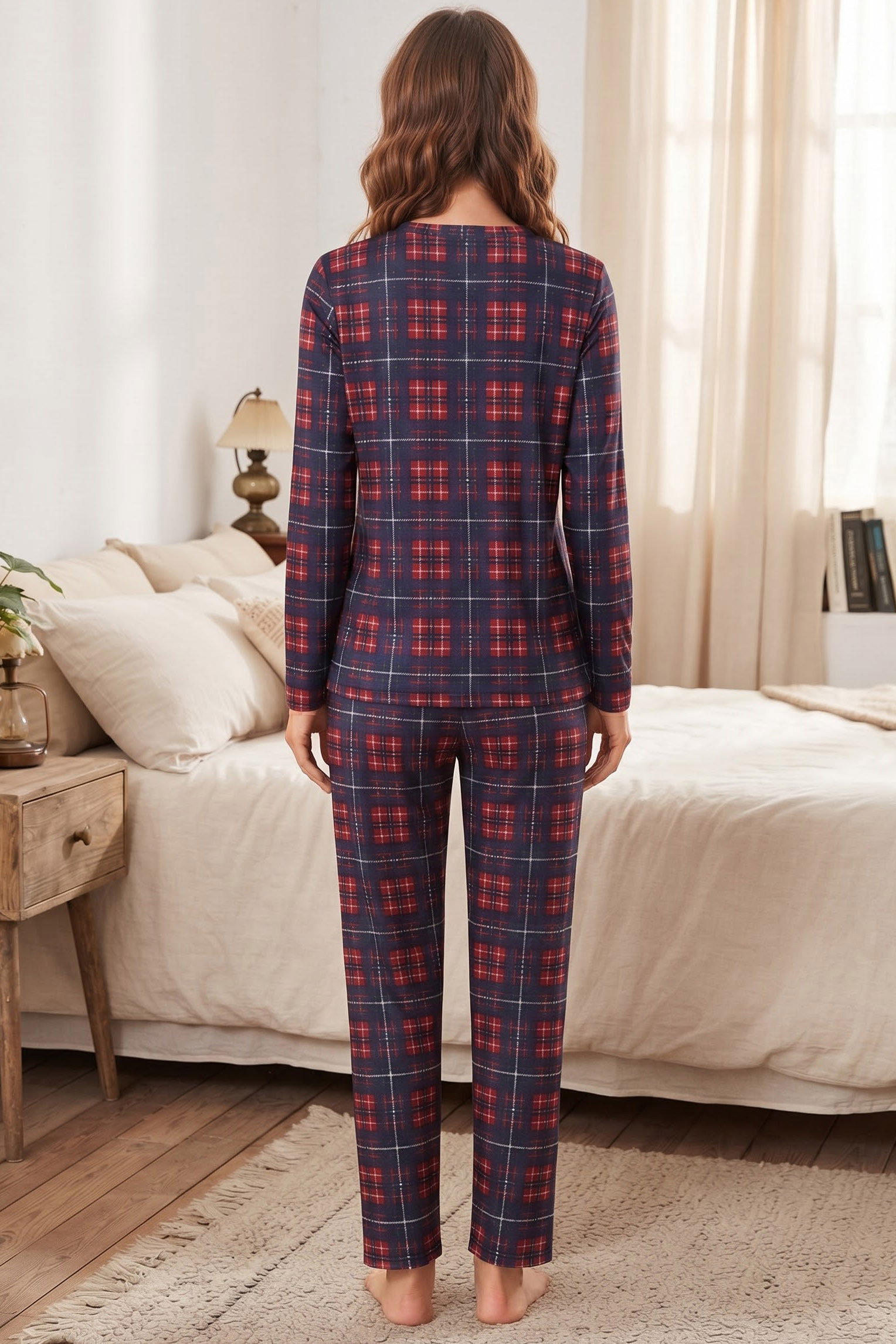 Ekose Baskılı Süet Pijama Takımı Lacivert - 40501-LACIVERT - 2
