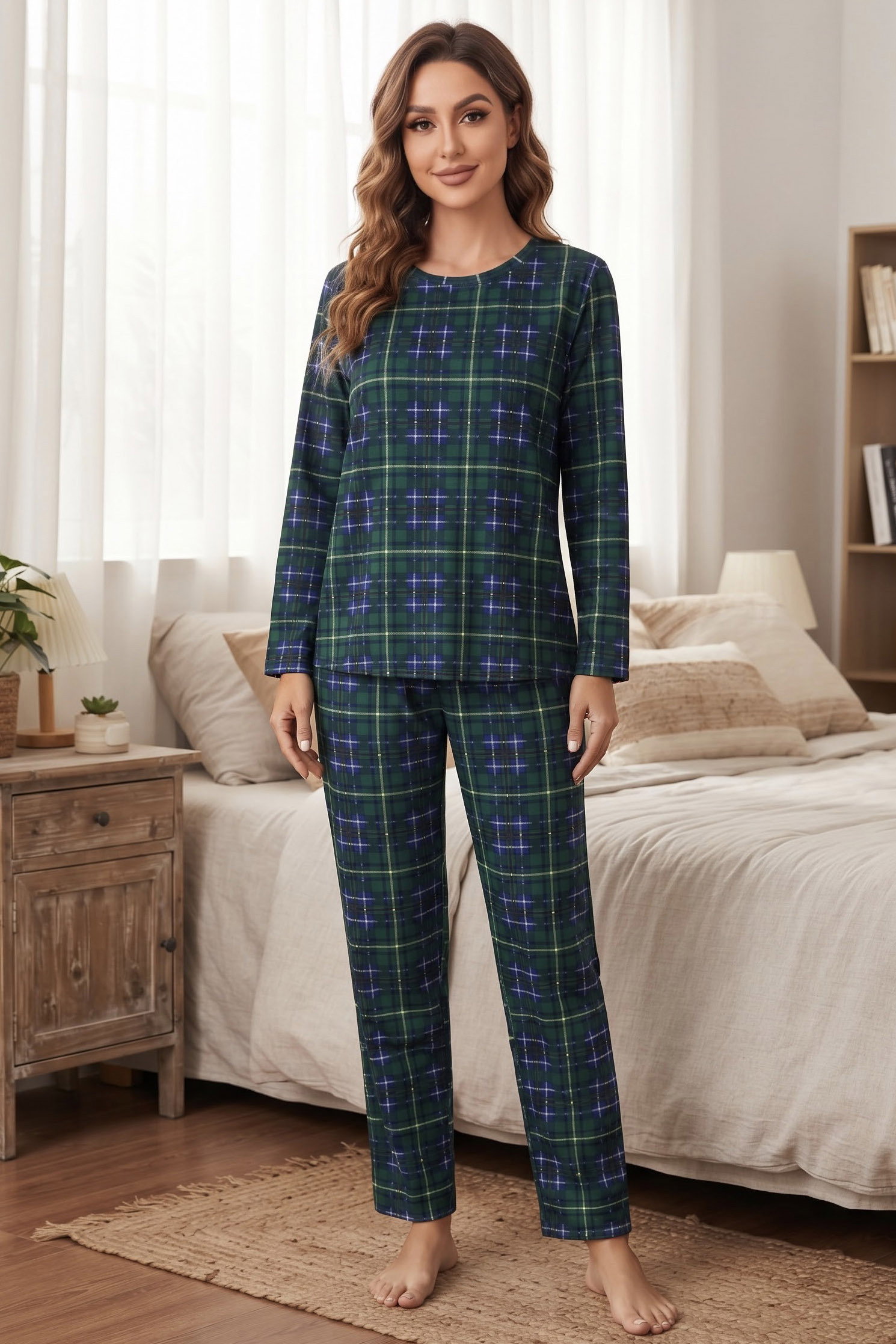 Ekose Baskılı Süet Pijama Takımı Zümrüt - 40501-ZUMRUT - 1