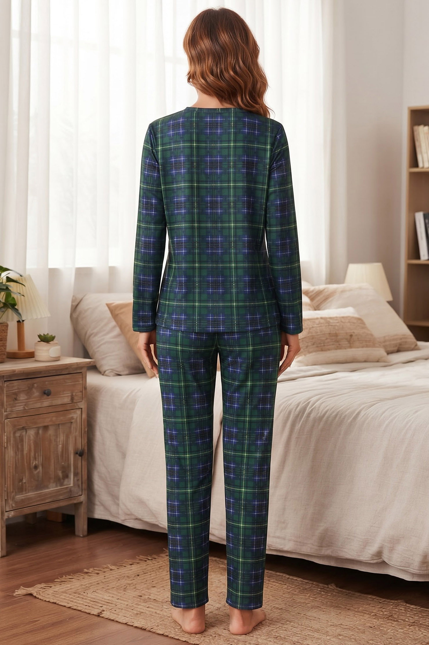 Ekose Baskılı Süet Pijama Takımı Zümrüt - 40501-ZUMRUT - 2