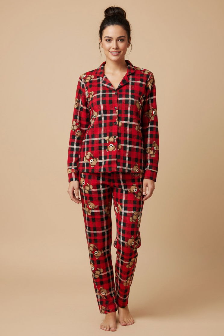 Ekoseli Ayıcık Baskılı Pijama Takımı - 27946-KIRMIZI - 1