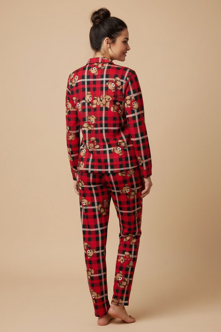 Ekoseli Ayıcık Baskılı Pijama Takımı - 27946-KIRMIZI - 2