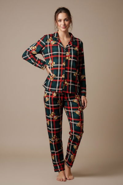 Ekoseli Ayıcık Baskılı Pijama Takımı - 27946-ZUMRUT 