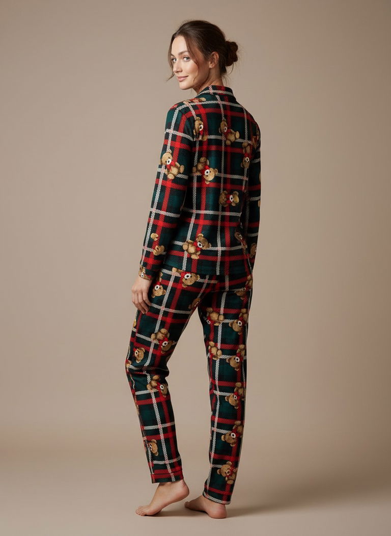 Ekoseli Ayıcık Baskılı Pijama Takımı - 27946-ZUMRUT - TOFİSA