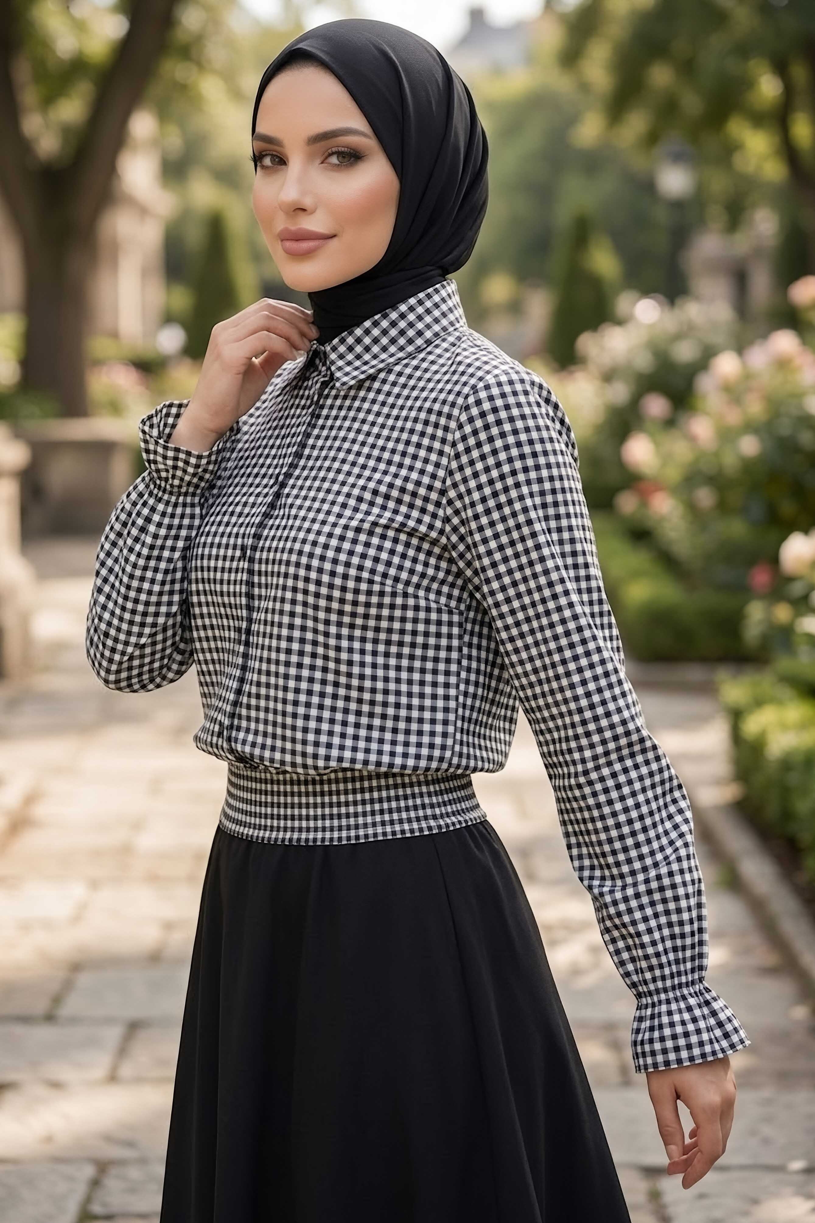 Ekoseli Beli Lastikli Gömlek Siyah - 28677-SIYAH - 1