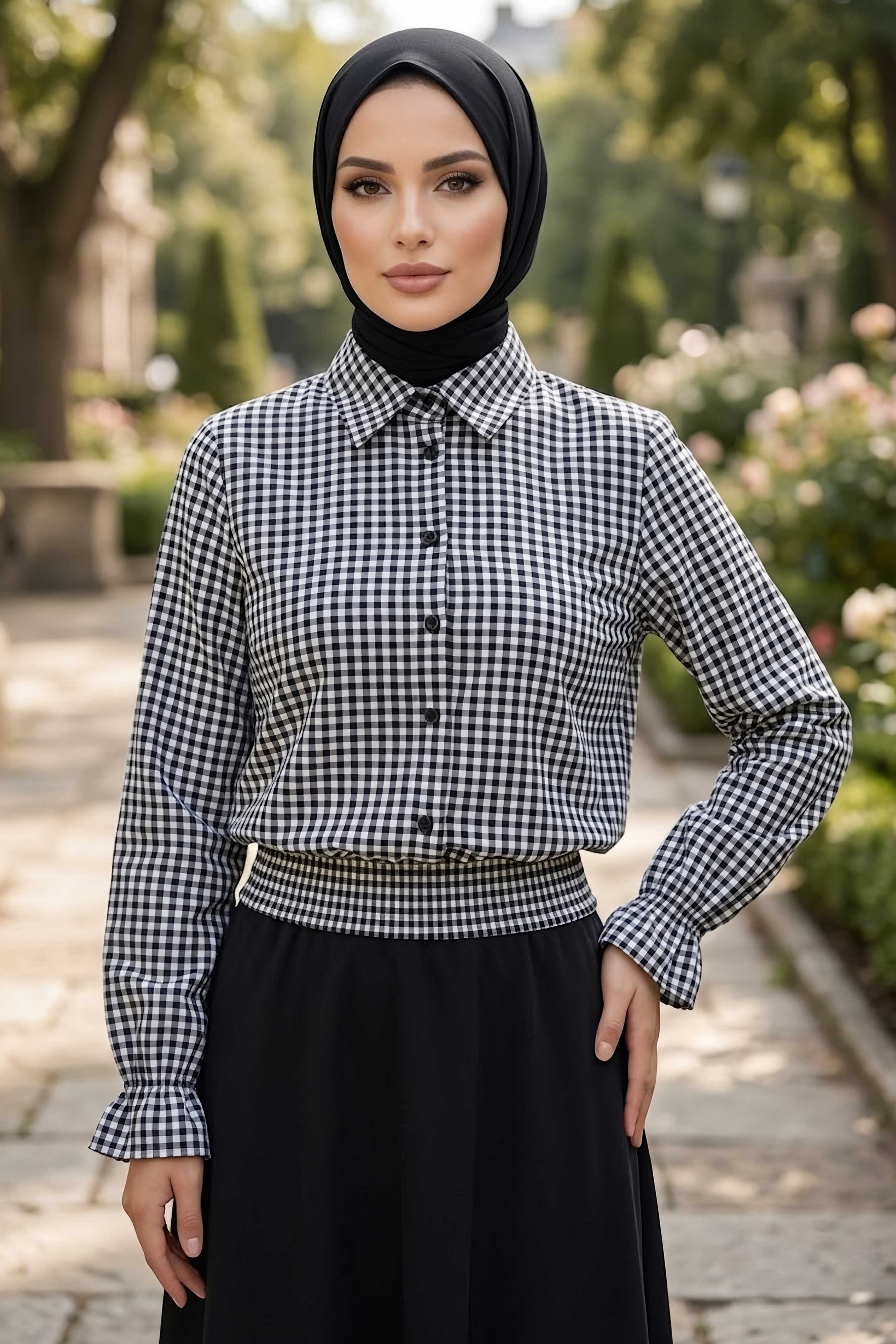 Ekoseli Beli Lastikli Gömlek Siyah - 28677-SIYAH - 2