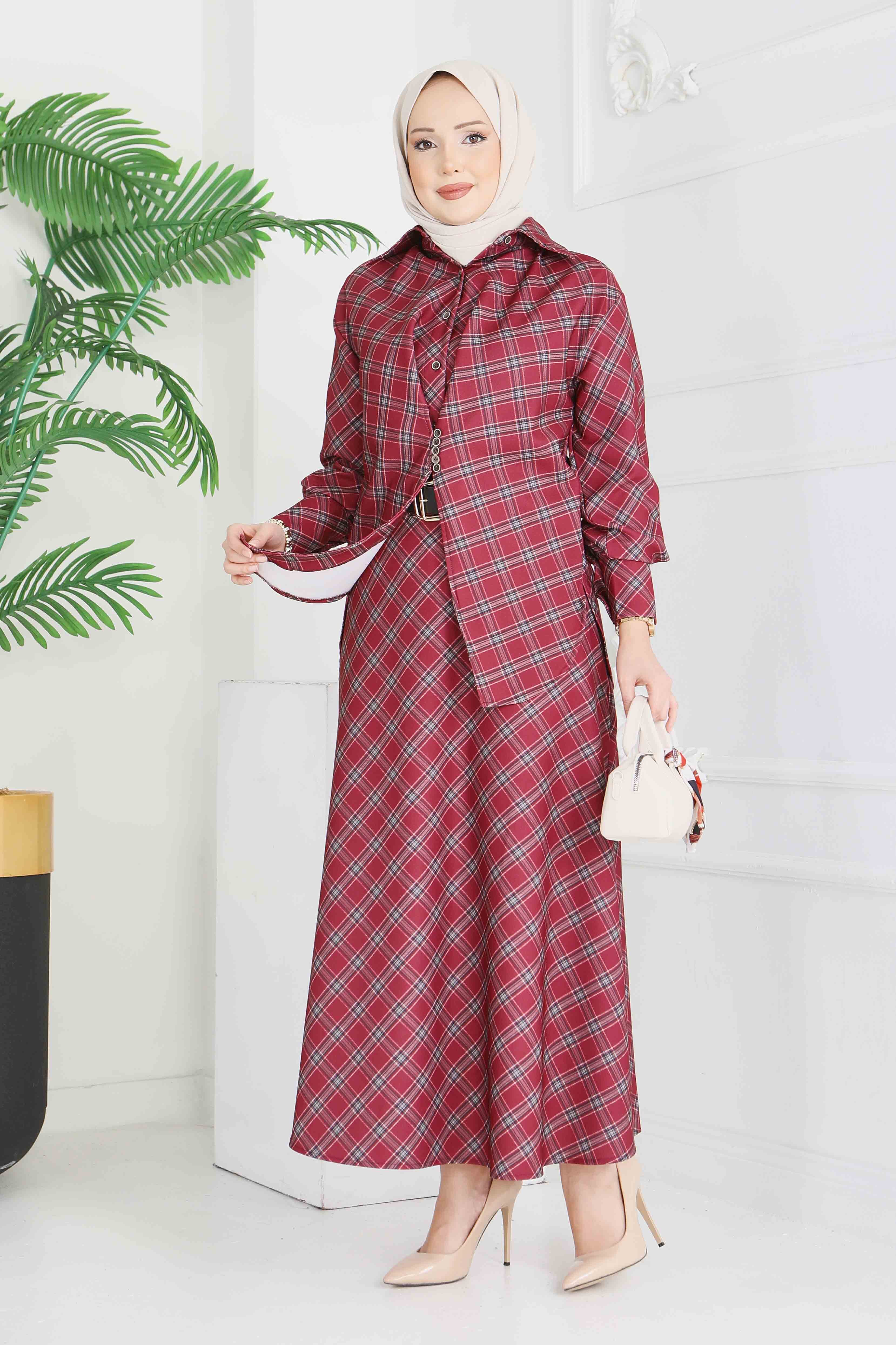 Ekoseli Etek Takım - 28286-BORDO - 2