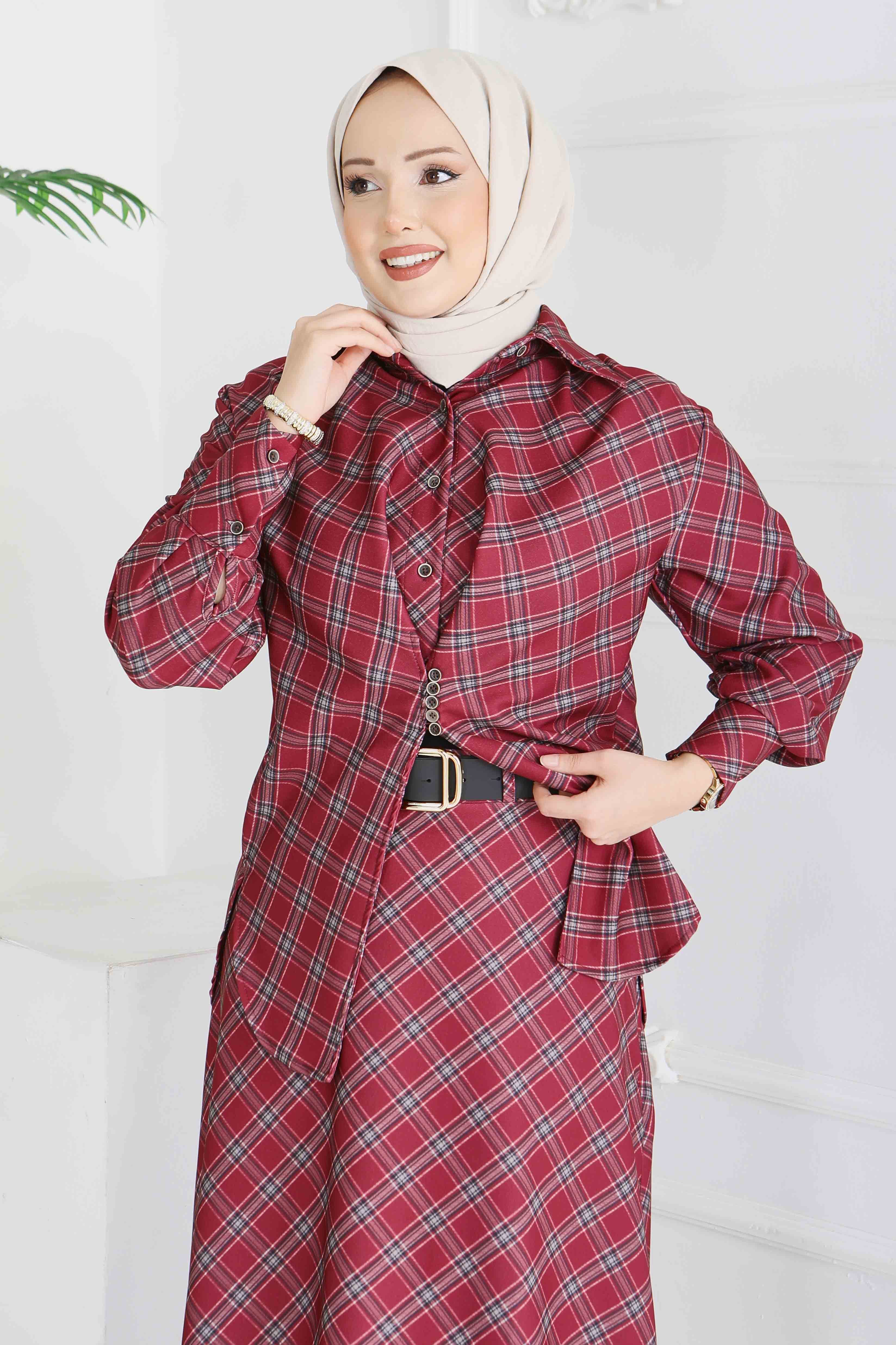 Ekoseli Etek Takım - 28286-BORDO - 3