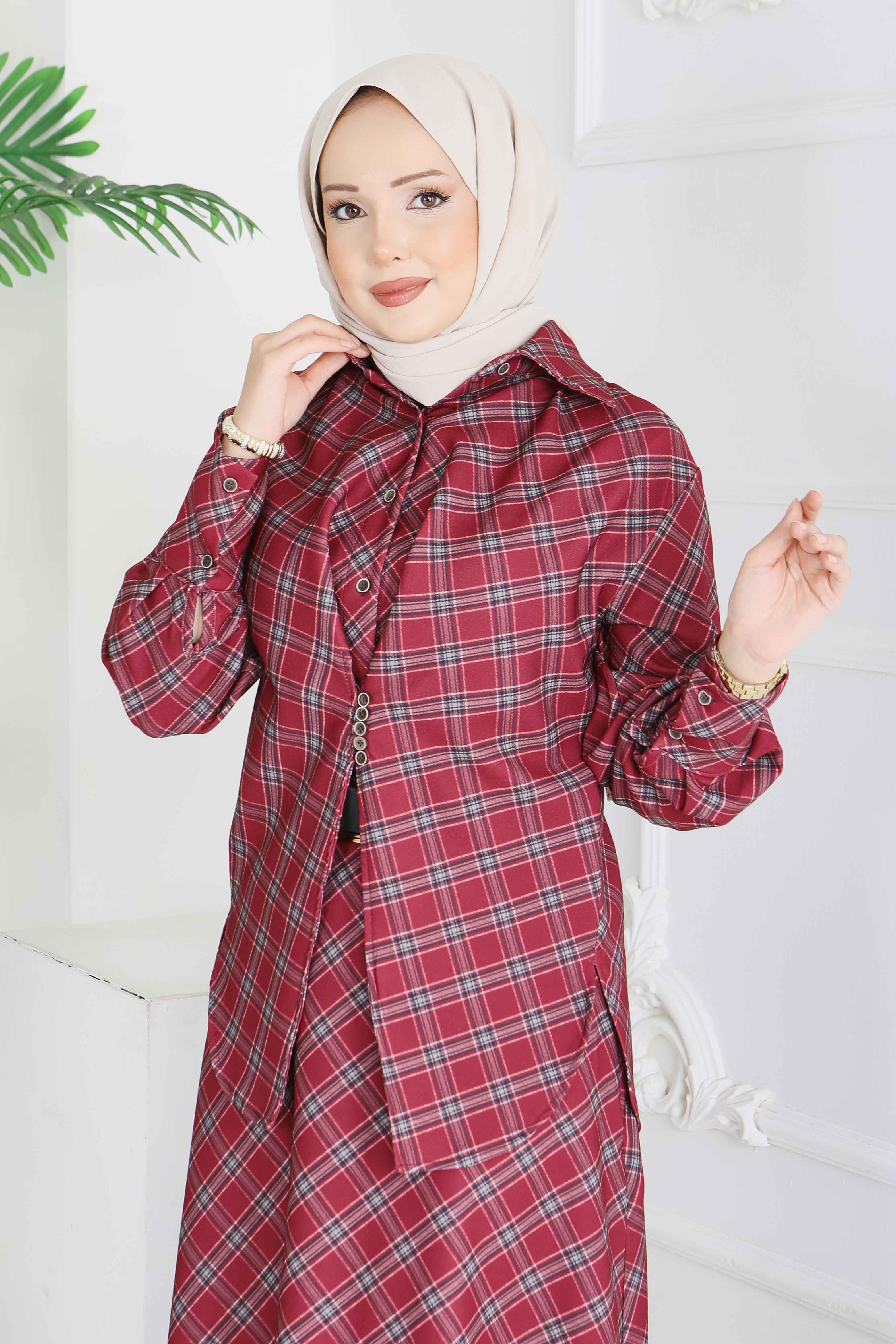 Ekoseli Etek Takım - 28286-BORDO - 4